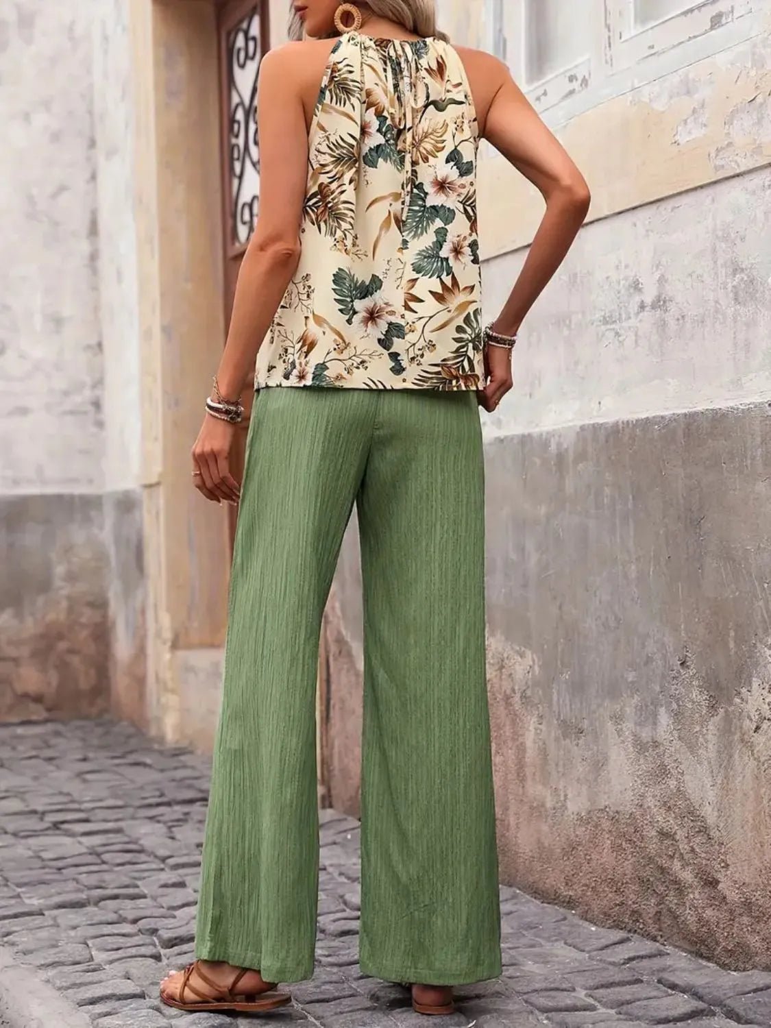 Printed Tank Top and Wide Leg Pants Set - Flip Flop Dynasty