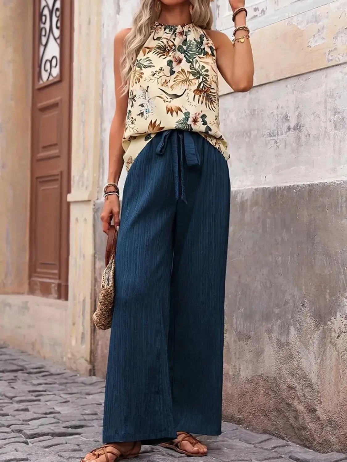 Printed Tank Top and Wide Leg Pants Set - Flip Flop Dynasty
