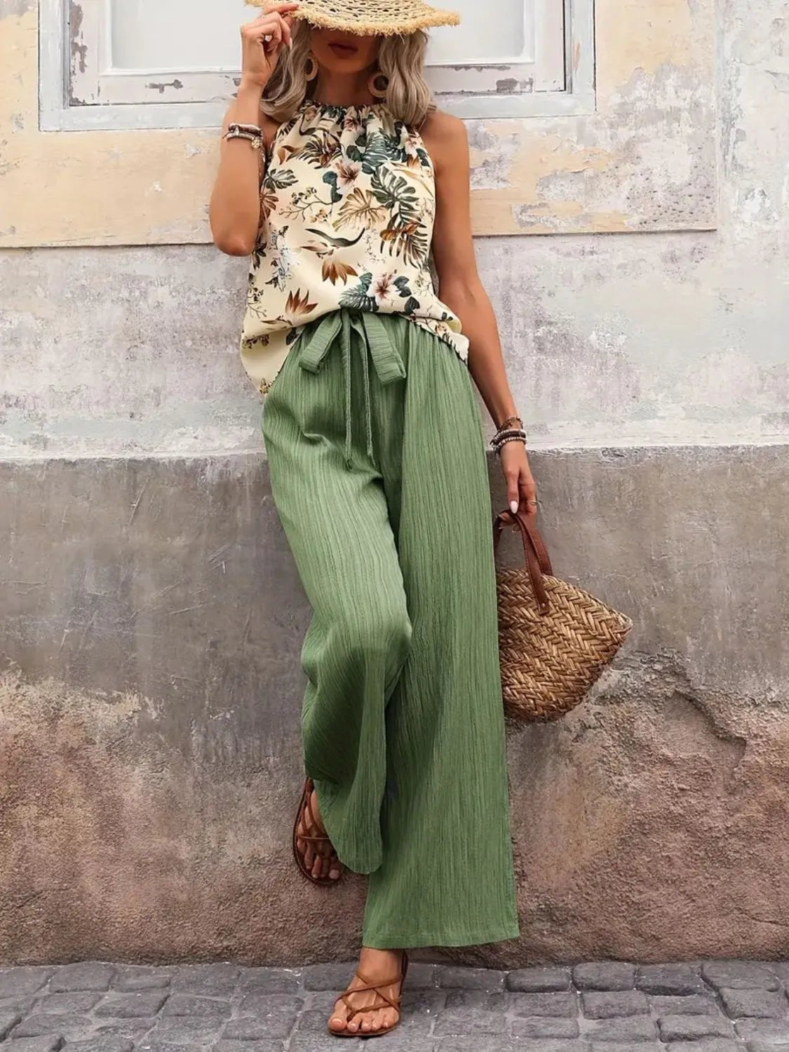 Printed Tank Top and Wide Leg Pants Set - Flip Flop Dynasty