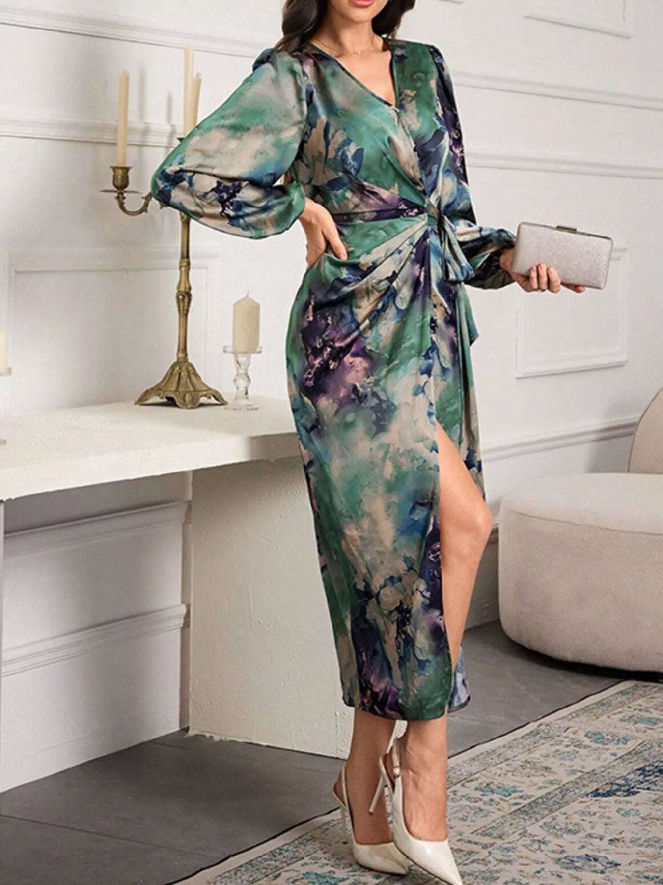 Printed Tie Waist Balloon Sleeve Dress - Flip Flop Dynasty