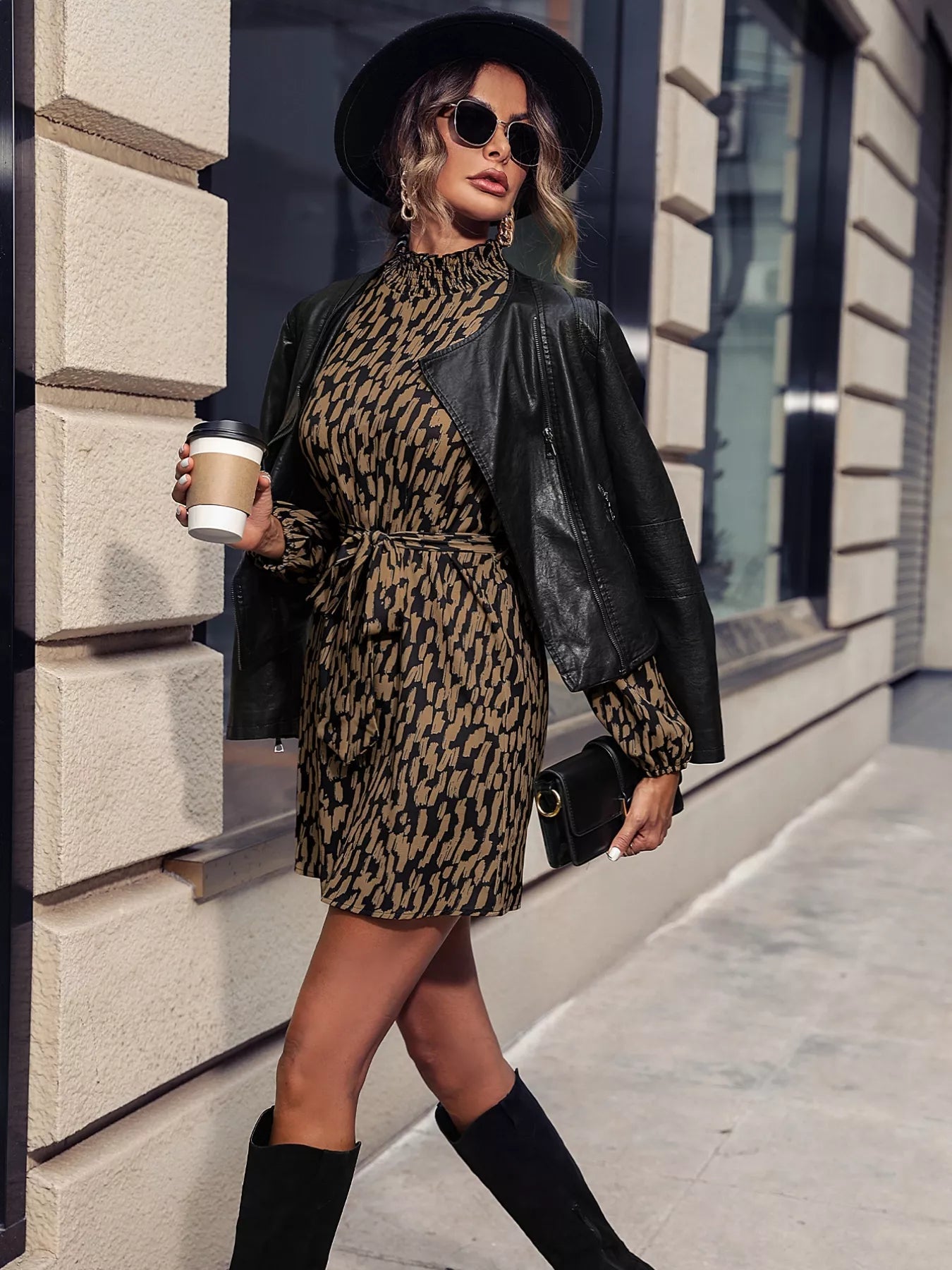 Printed Tie Waist Long Sleeve Dress - Flip Flop Dynasty