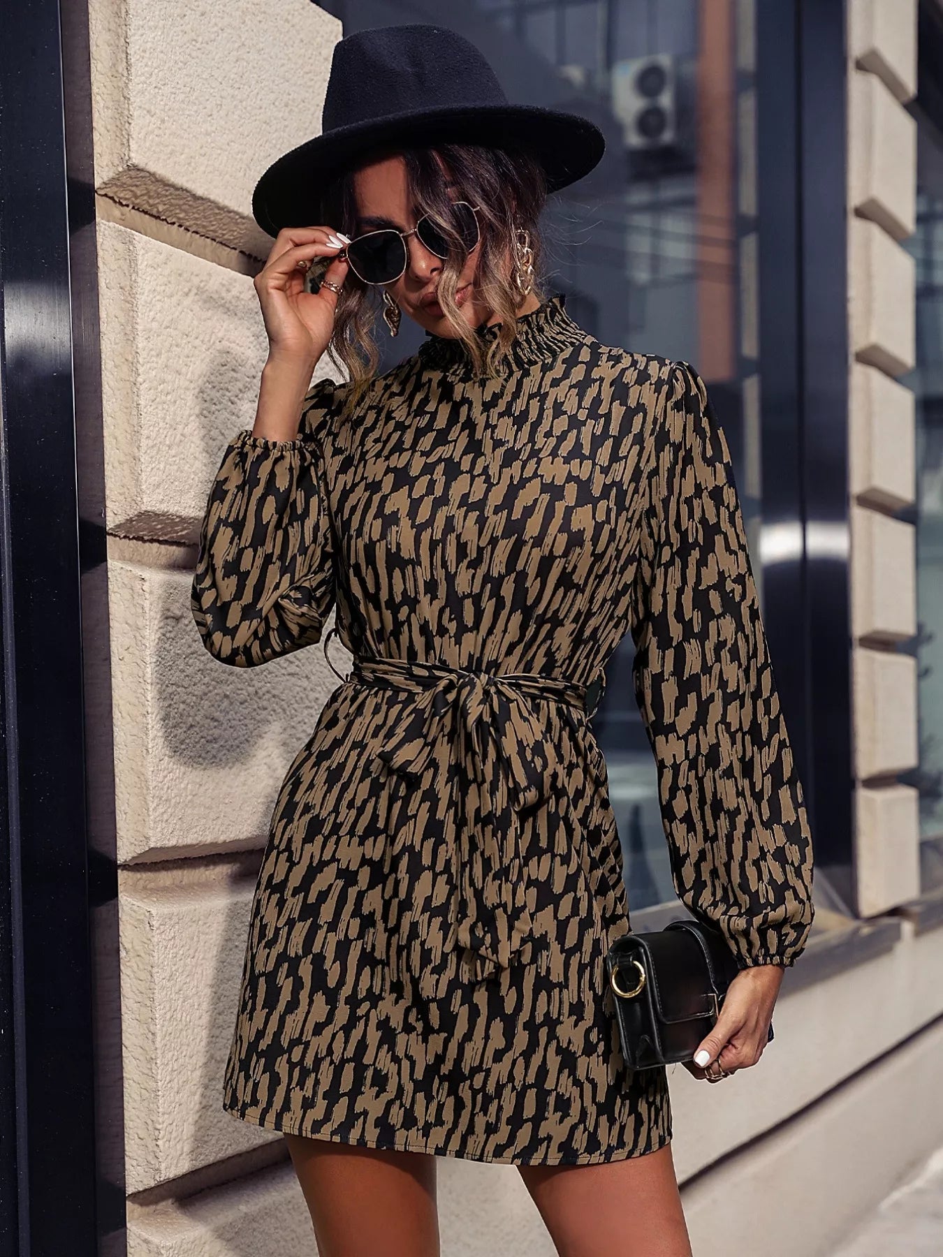 Printed Tie Waist Long Sleeve Dress - Flip Flop Dynasty