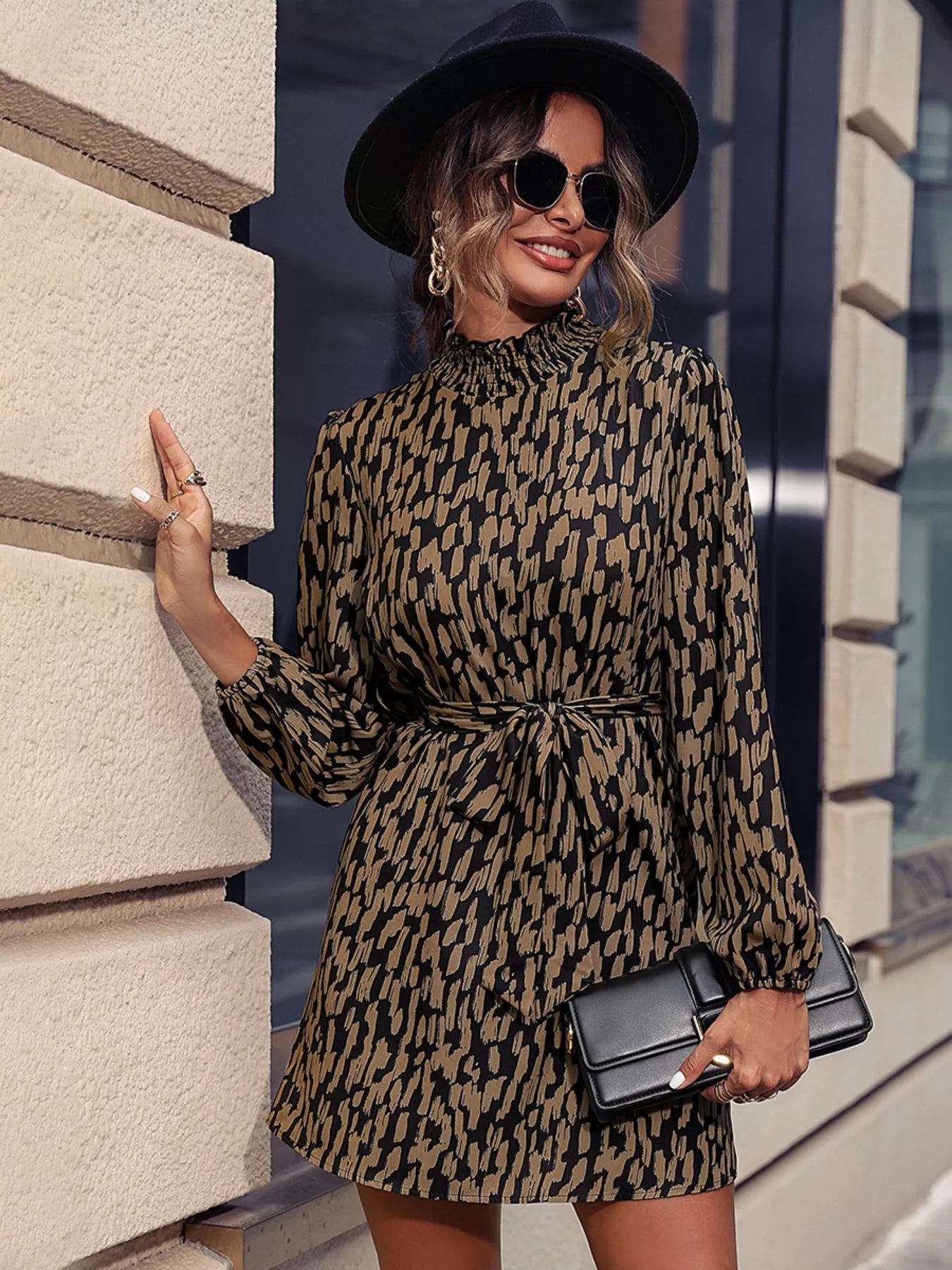 Printed Tie Waist Long Sleeve Dress - Flip Flop Dynasty