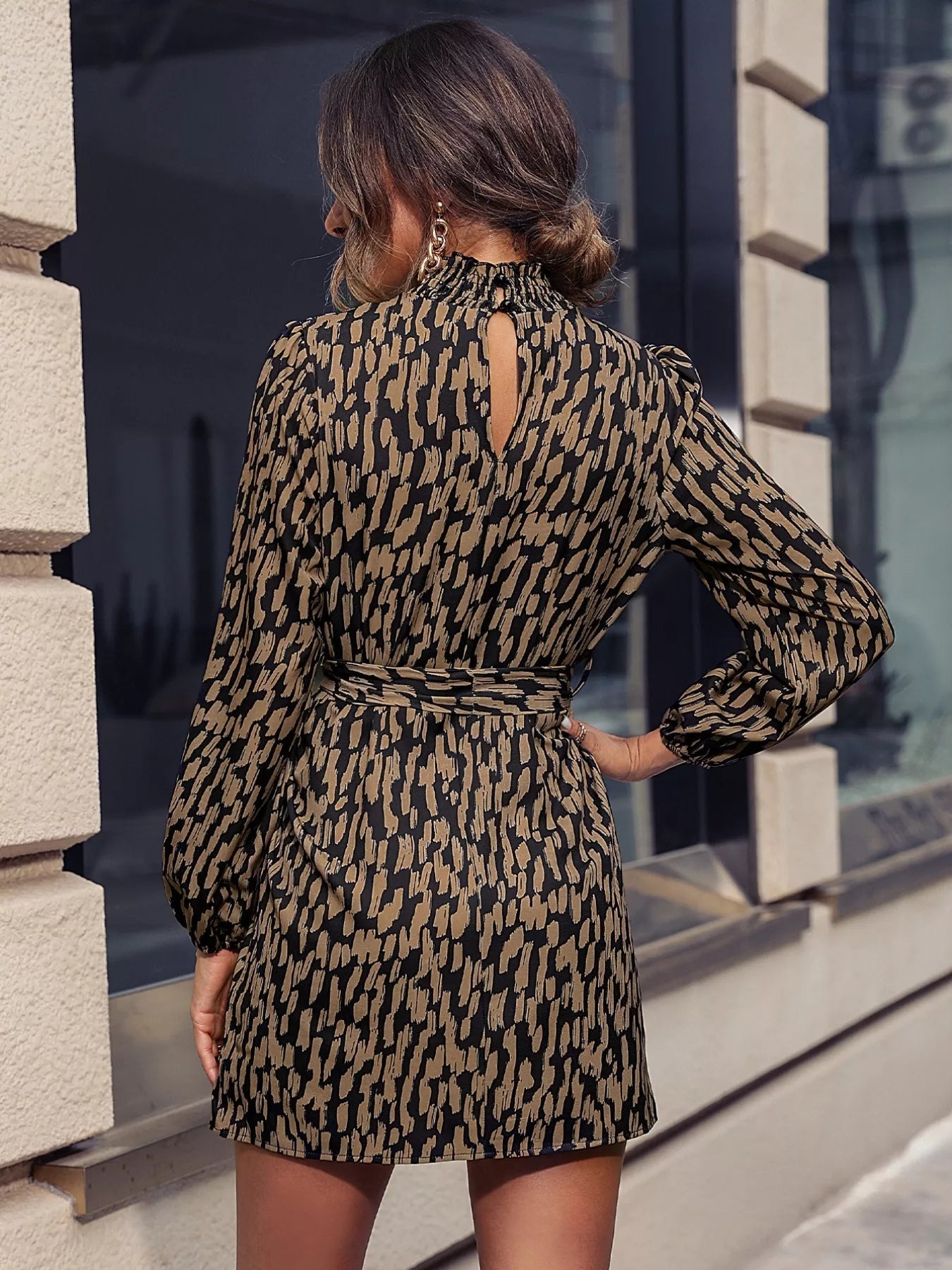 Printed Tie Waist Long Sleeve Dress - Flip Flop Dynasty