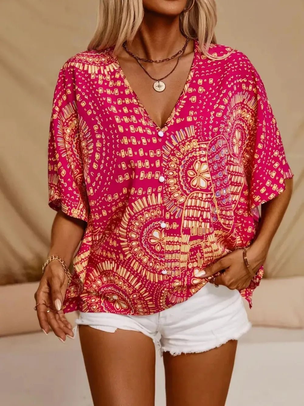 Printed V - Neck Half Sleeve Top - Flip Flop Dynasty