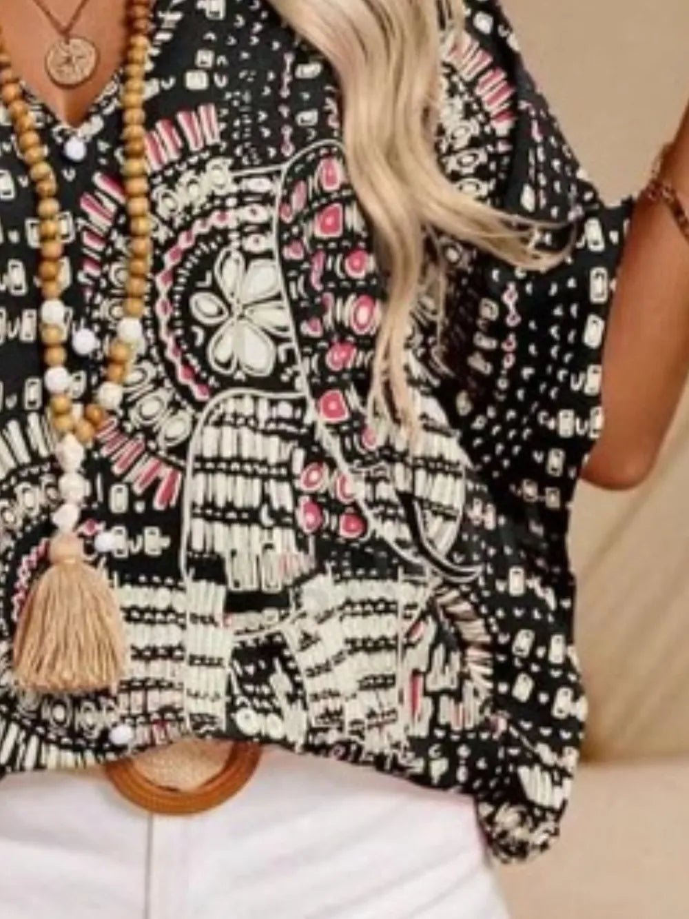 Printed V - Neck Half Sleeve Top - Flip Flop Dynasty