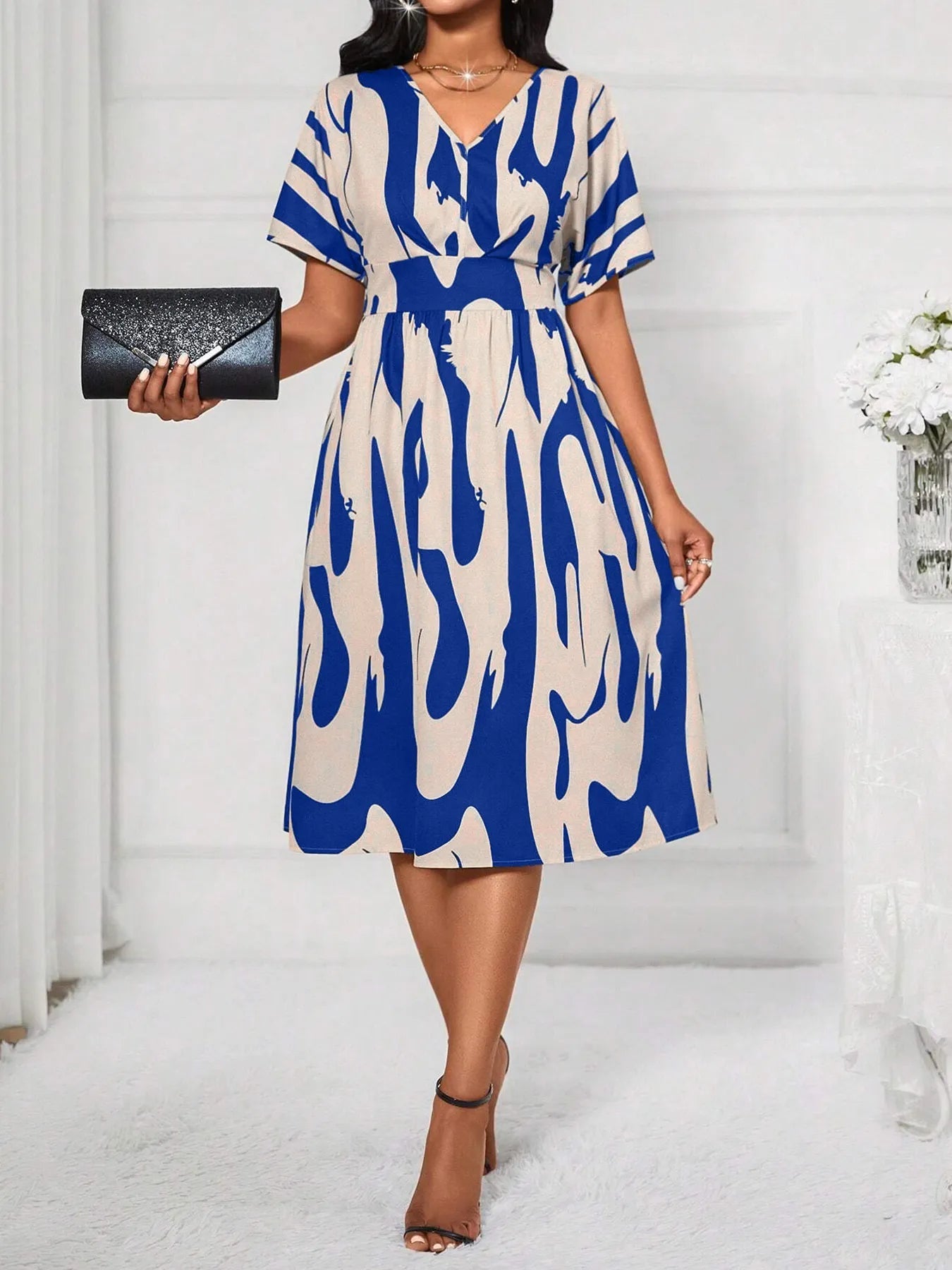 Printed V - Neck Short Sleeve Dress - Flip Flop Dynasty