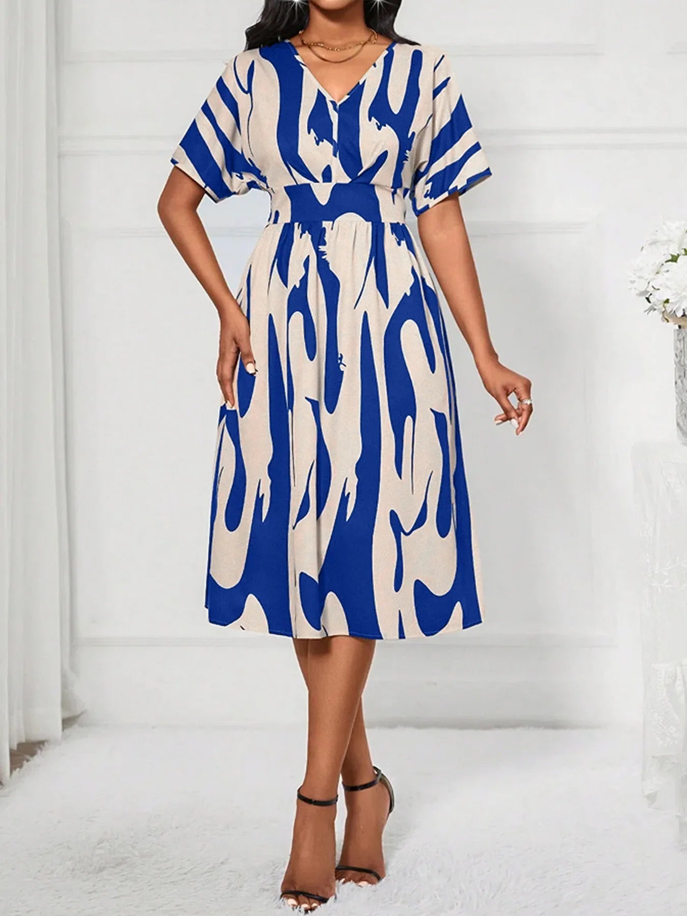 Printed V - Neck Short Sleeve Dress - Flip Flop Dynasty