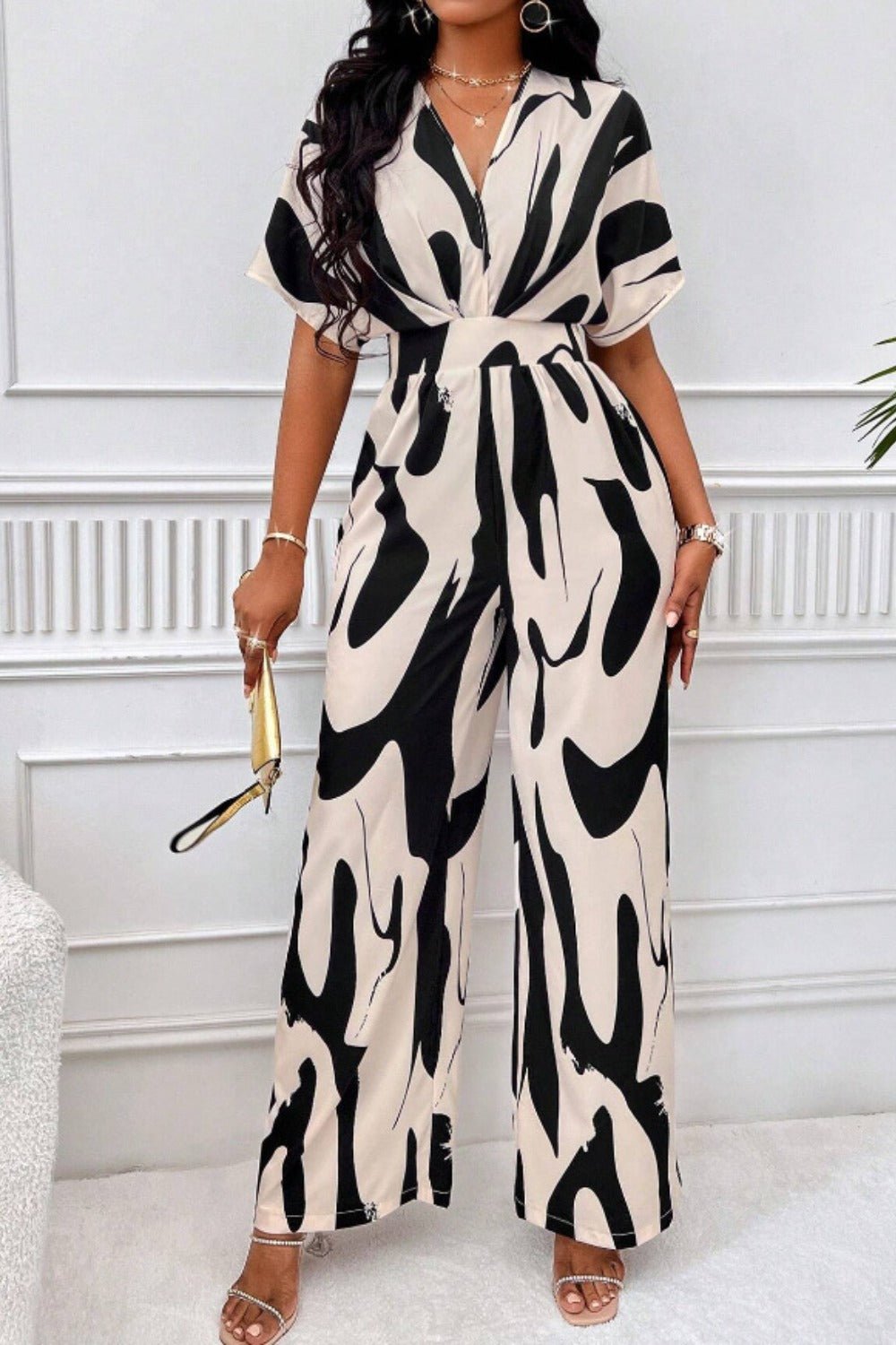 Printed V - Neck Short Sleeve Wide Leg Jumpsuit - Flip Flop Dynasty