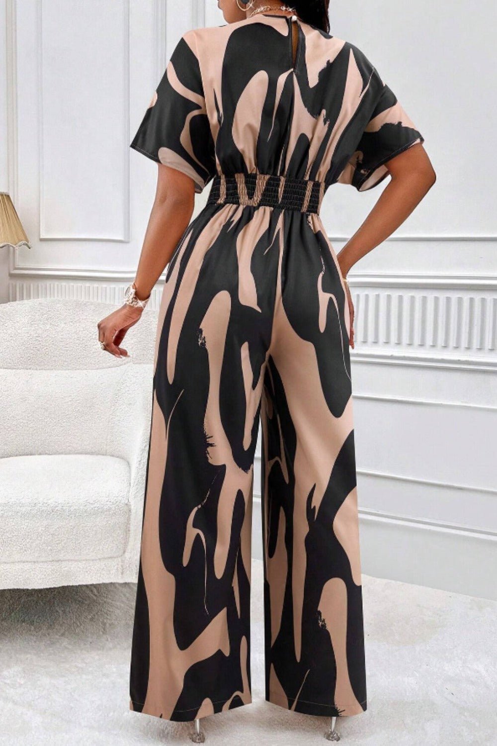 Printed V - Neck Short Sleeve Wide Leg Jumpsuit - Flip Flop Dynasty