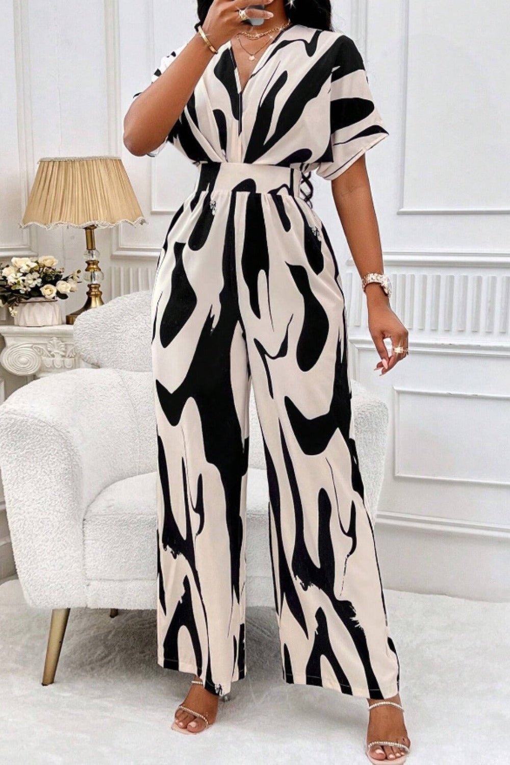 Printed V - Neck Short Sleeve Wide Leg Jumpsuit - Flip Flop Dynasty