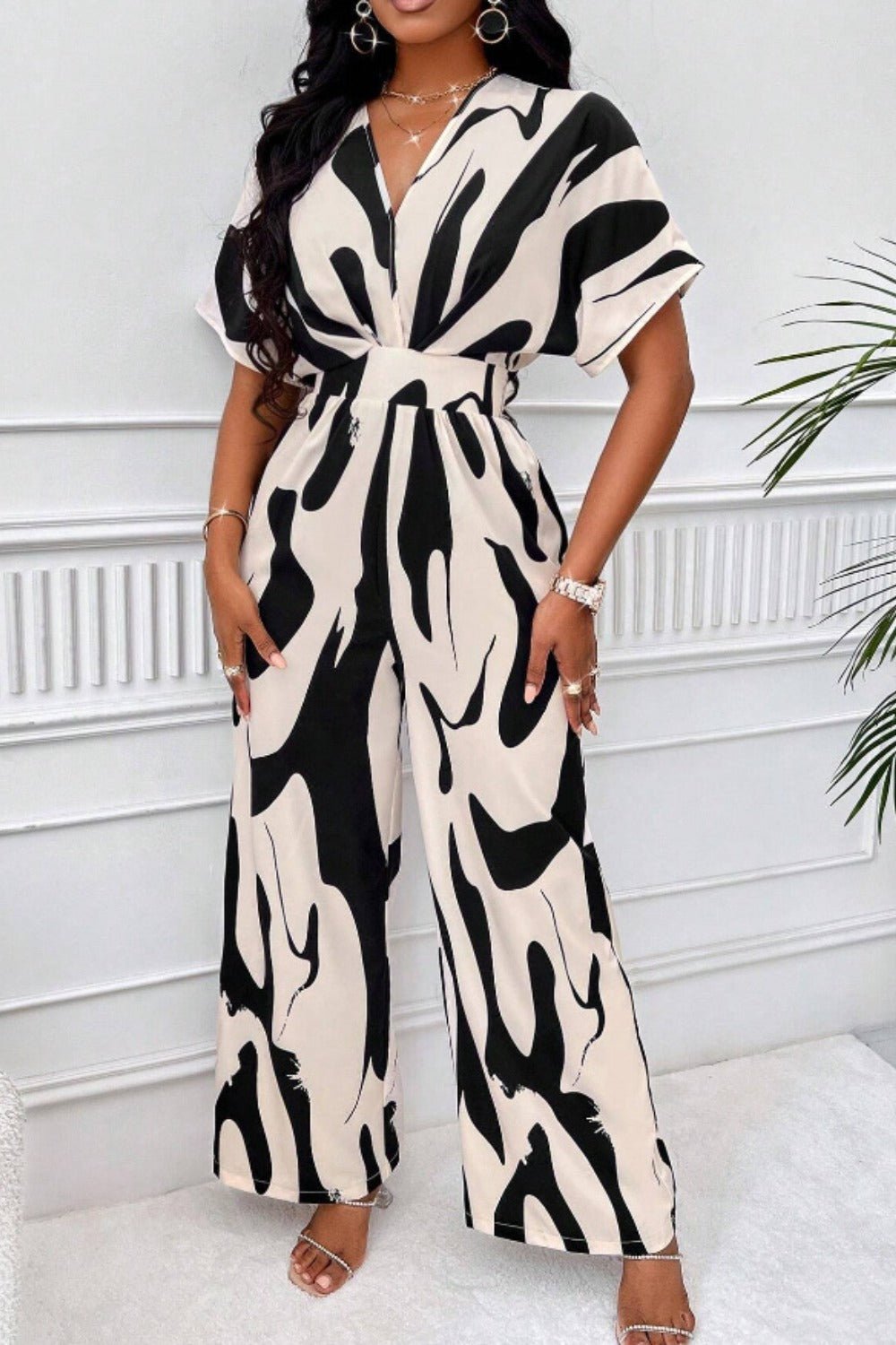 Printed V - Neck Short Sleeve Wide Leg Jumpsuit - Flip Flop Dynasty