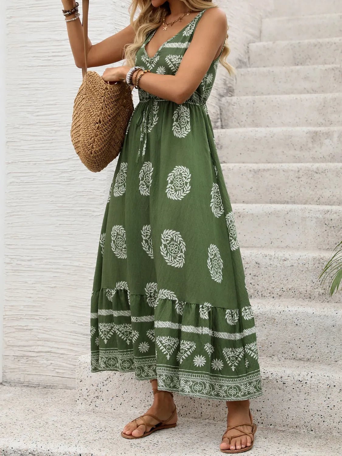 Printed V - Neck Sleeveless Dress - Flip Flop Dynasty