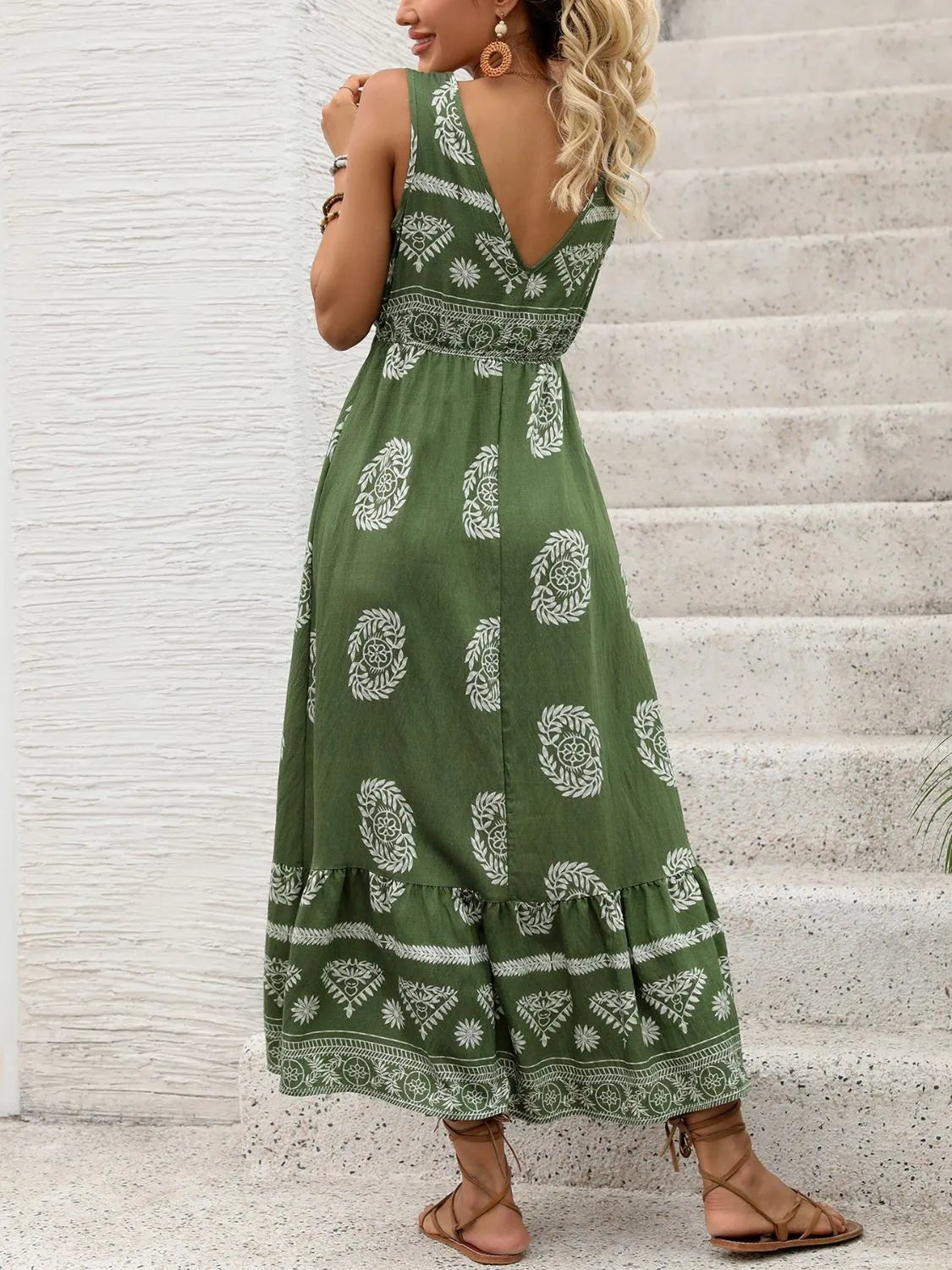 Printed V - Neck Sleeveless Dress - Flip Flop Dynasty