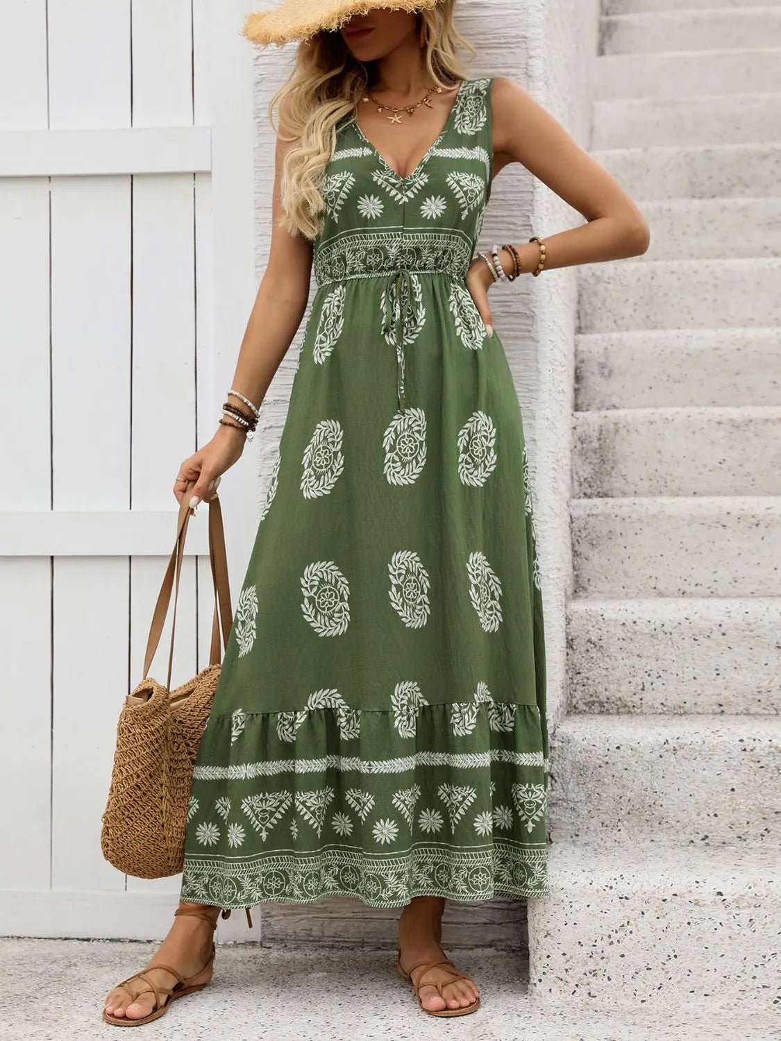 Printed V - Neck Sleeveless Dress - Flip Flop Dynasty