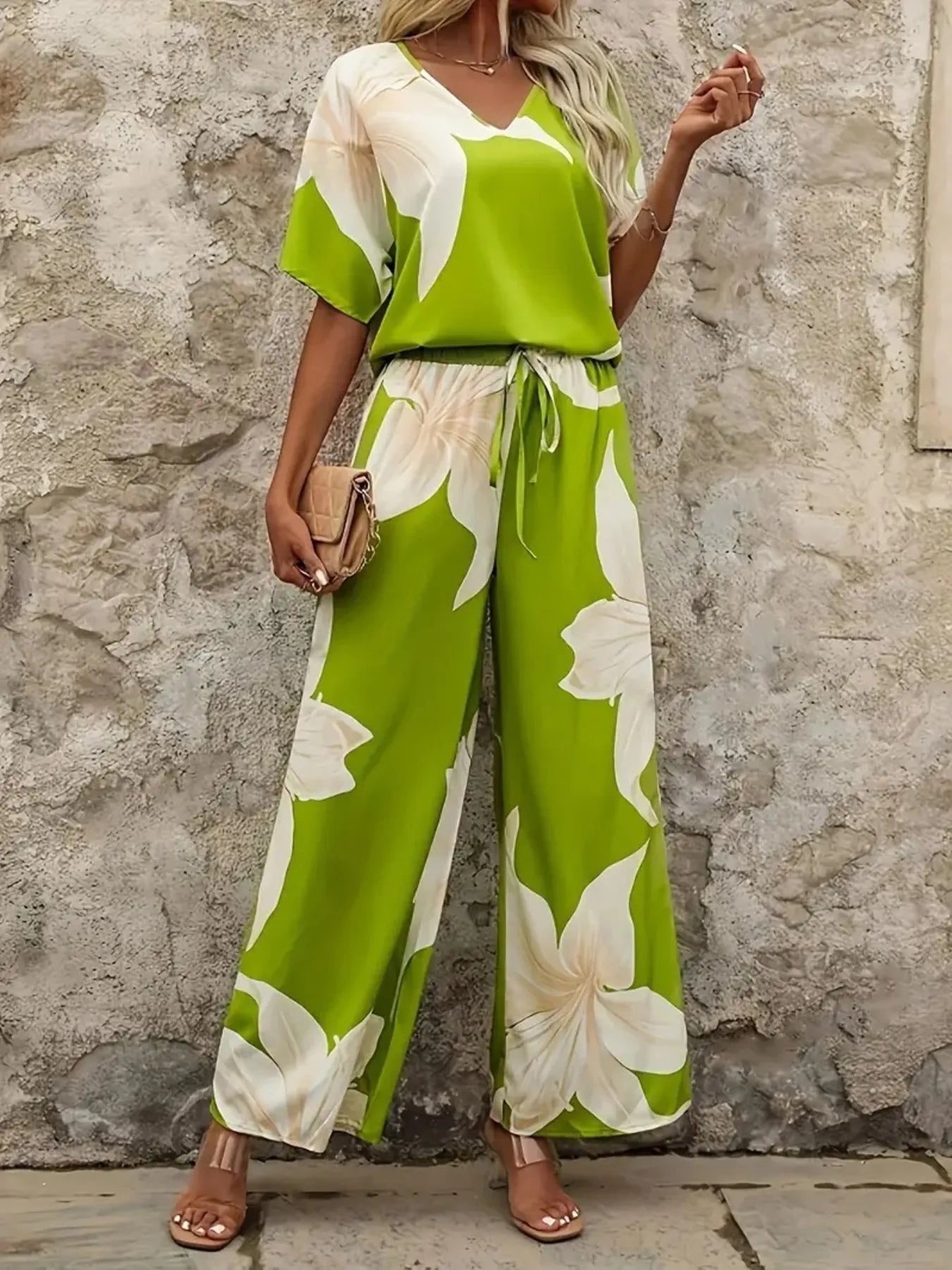 Printed V - Neck Top and Pants Set - Flip Flop Dynasty