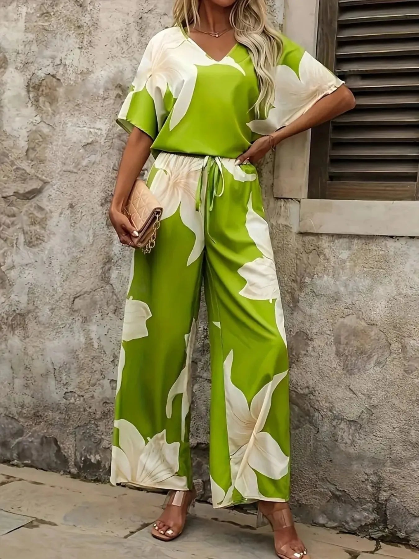 Printed V - Neck Top and Pants Set - Flip Flop Dynasty