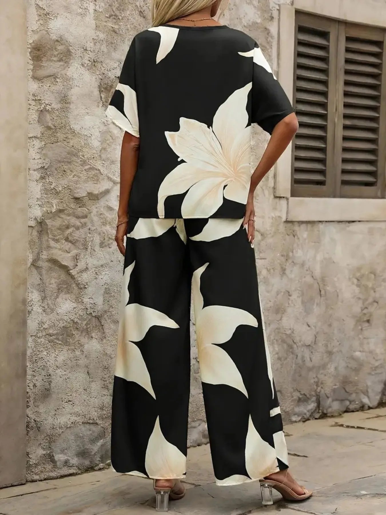 Printed V - Neck Top and Pants Set - Flip Flop Dynasty