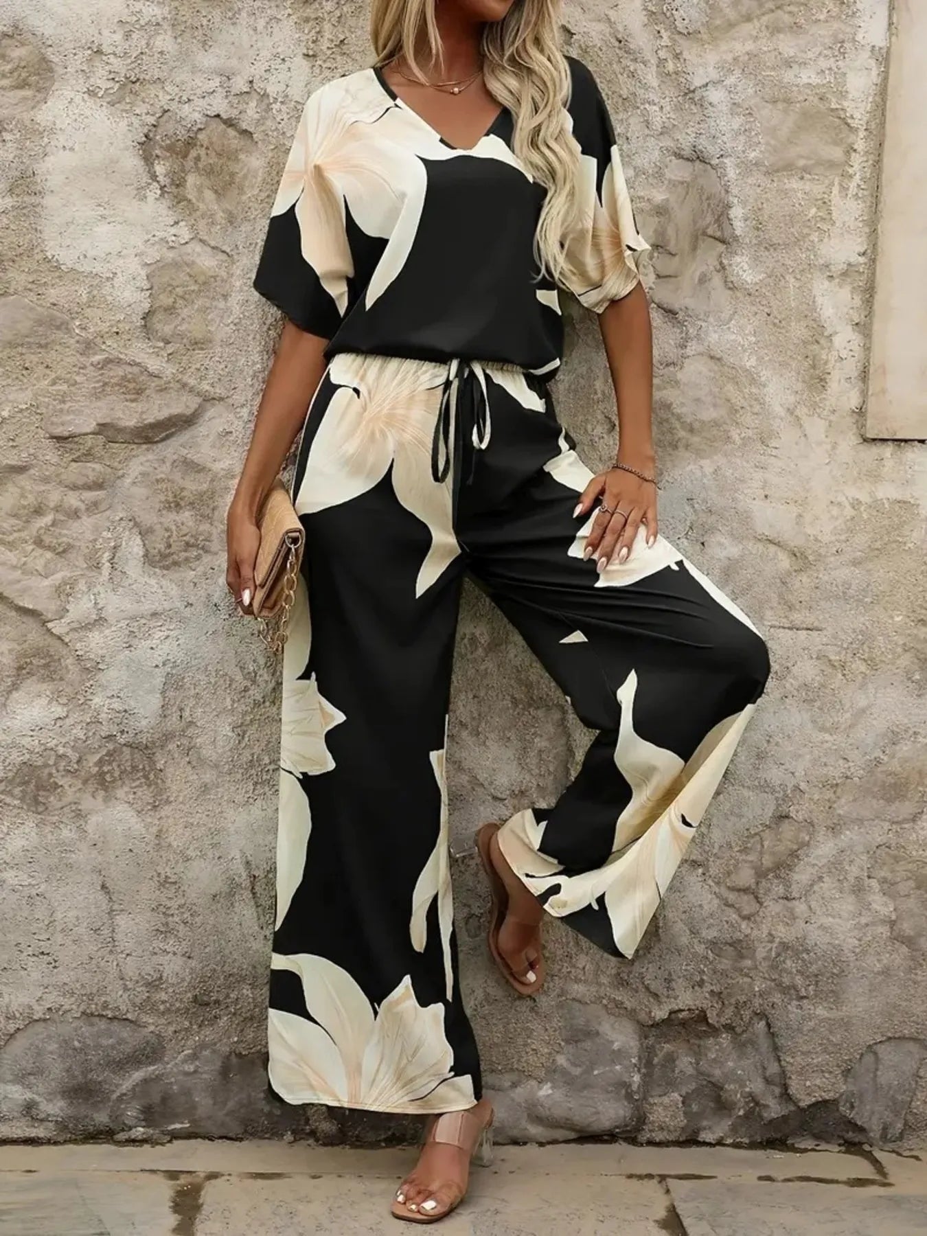 Printed V - Neck Top and Pants Set - Flip Flop Dynasty