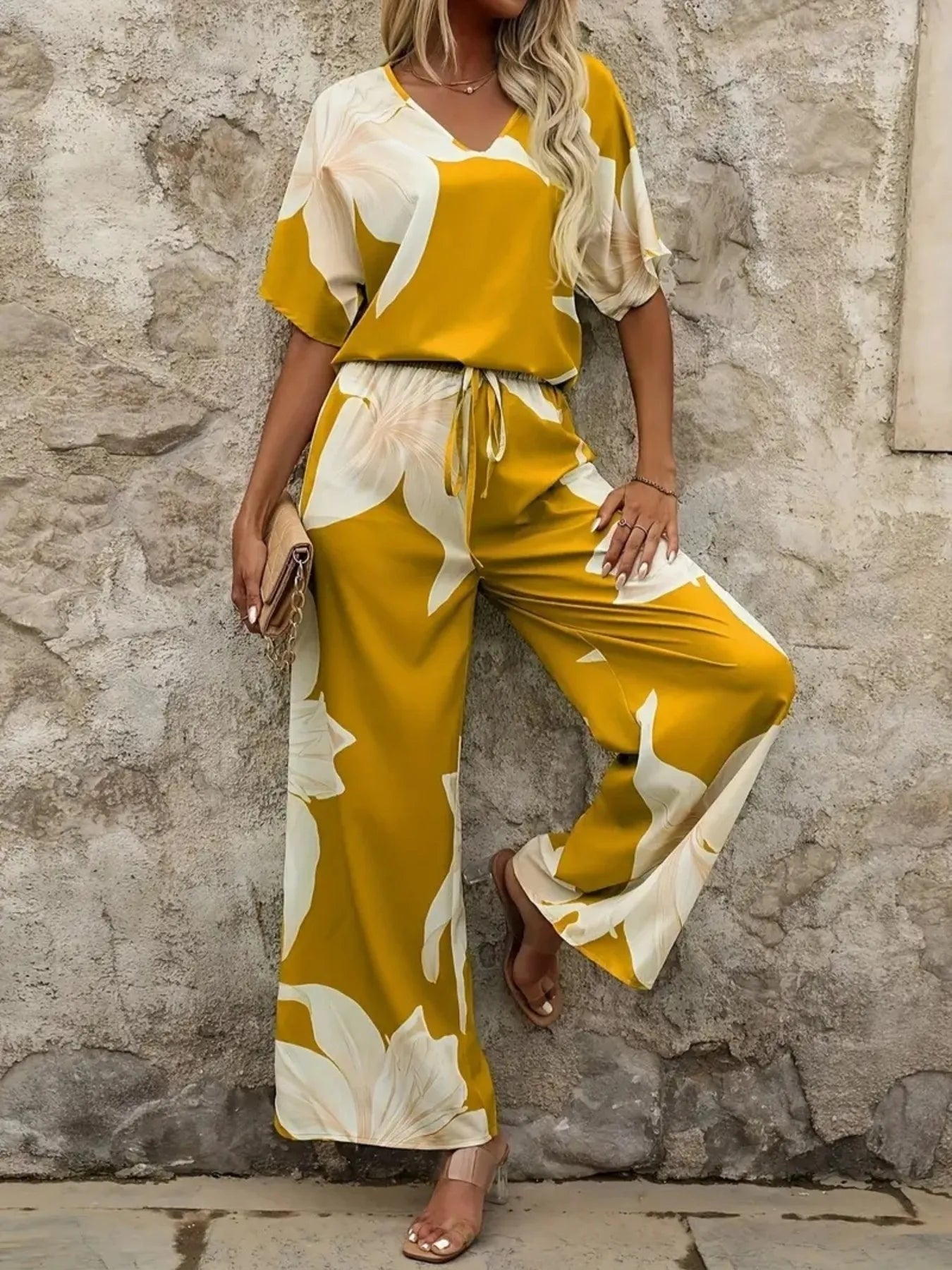 Printed V - Neck Top and Pants Set - Flip Flop Dynasty
