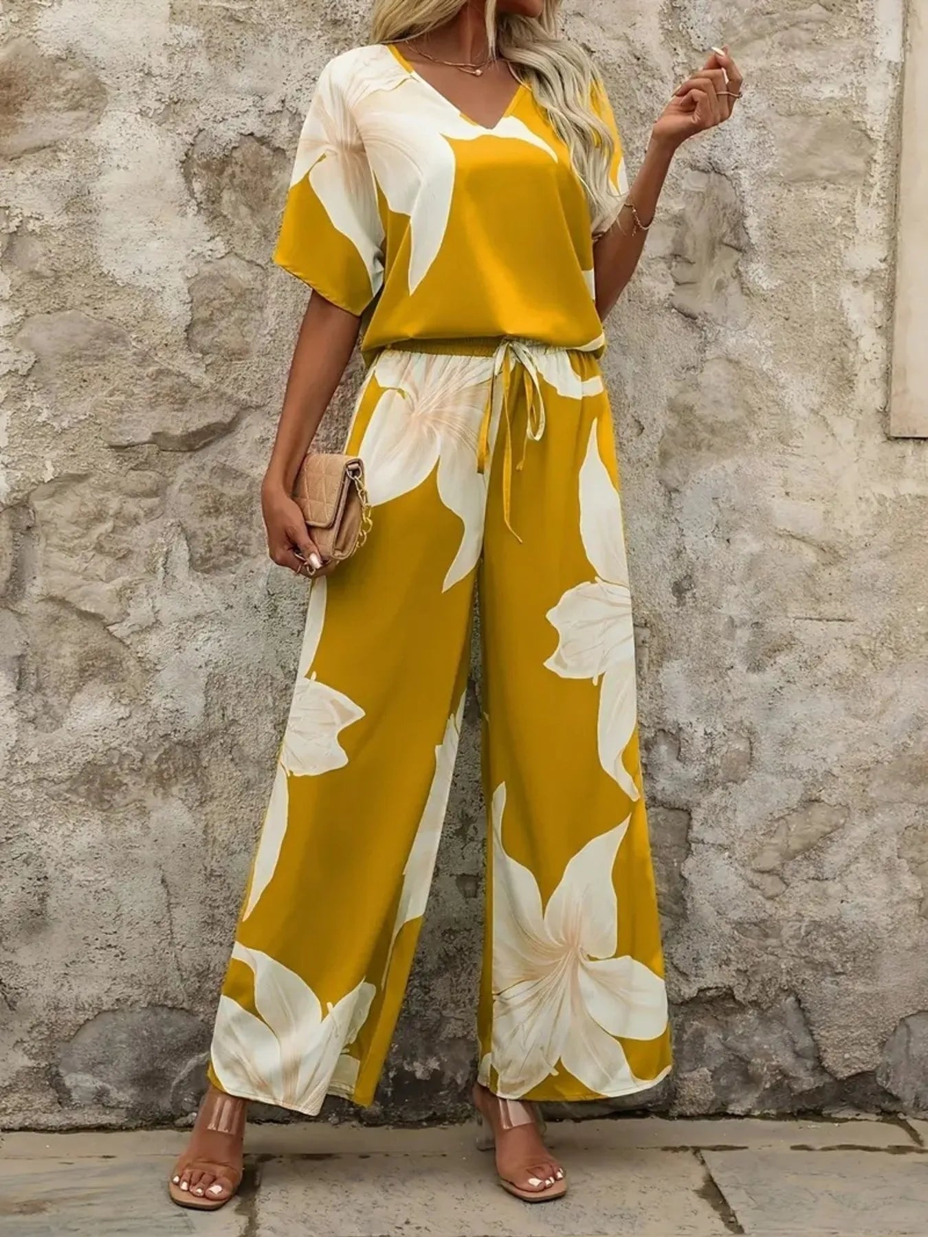 Printed V - Neck Top and Pants Set - Flip Flop Dynasty