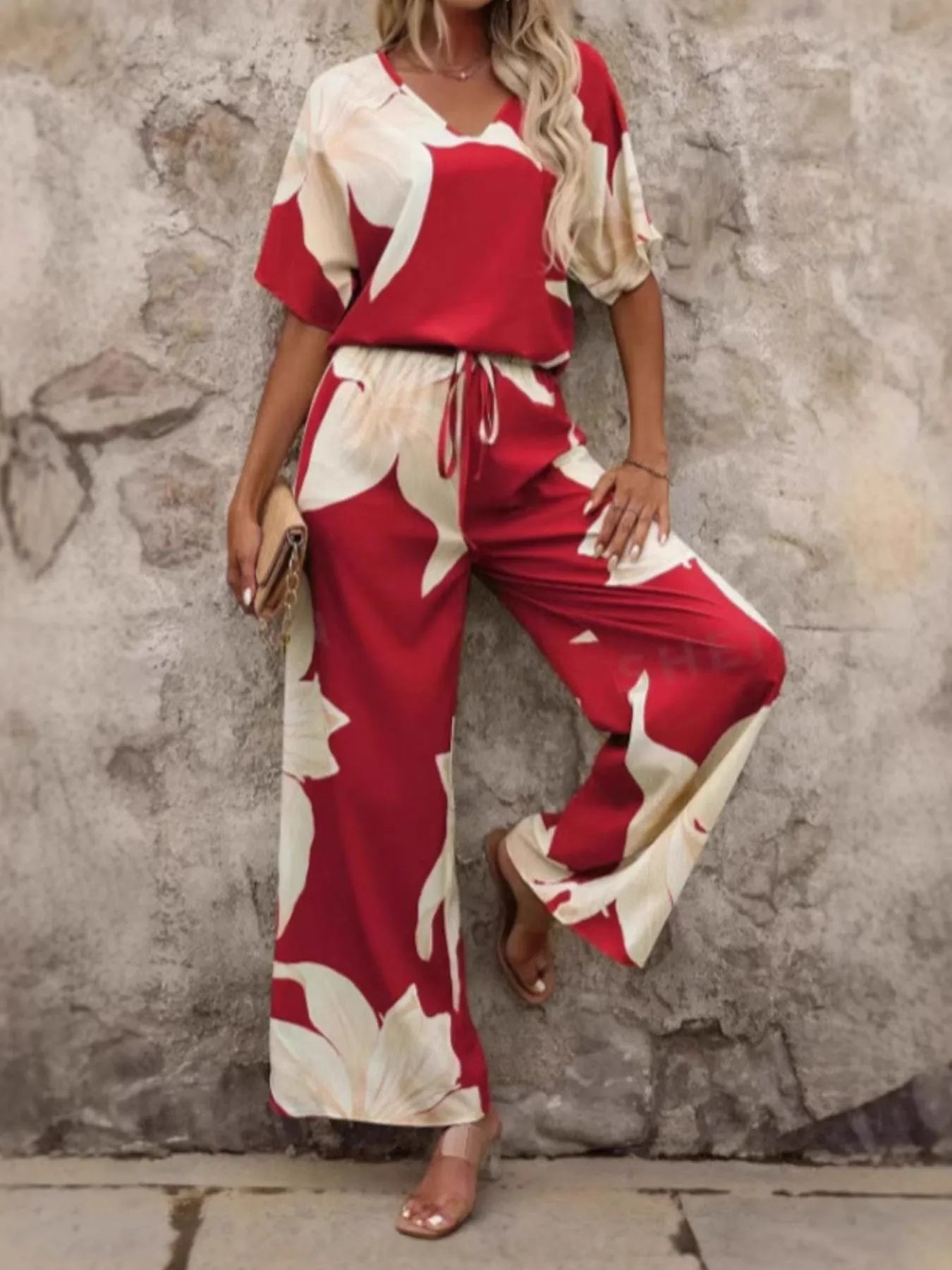 Printed V - Neck Top and Pants Set - Flip Flop Dynasty