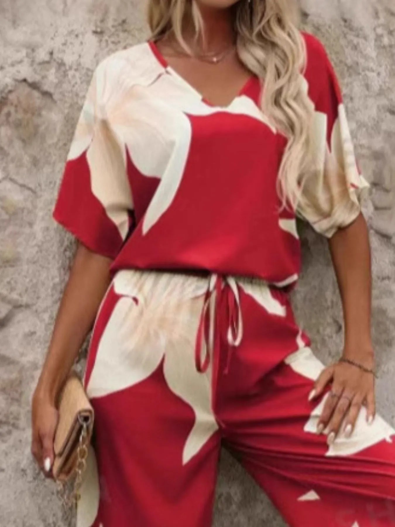 Printed V - Neck Top and Pants Set - Flip Flop Dynasty