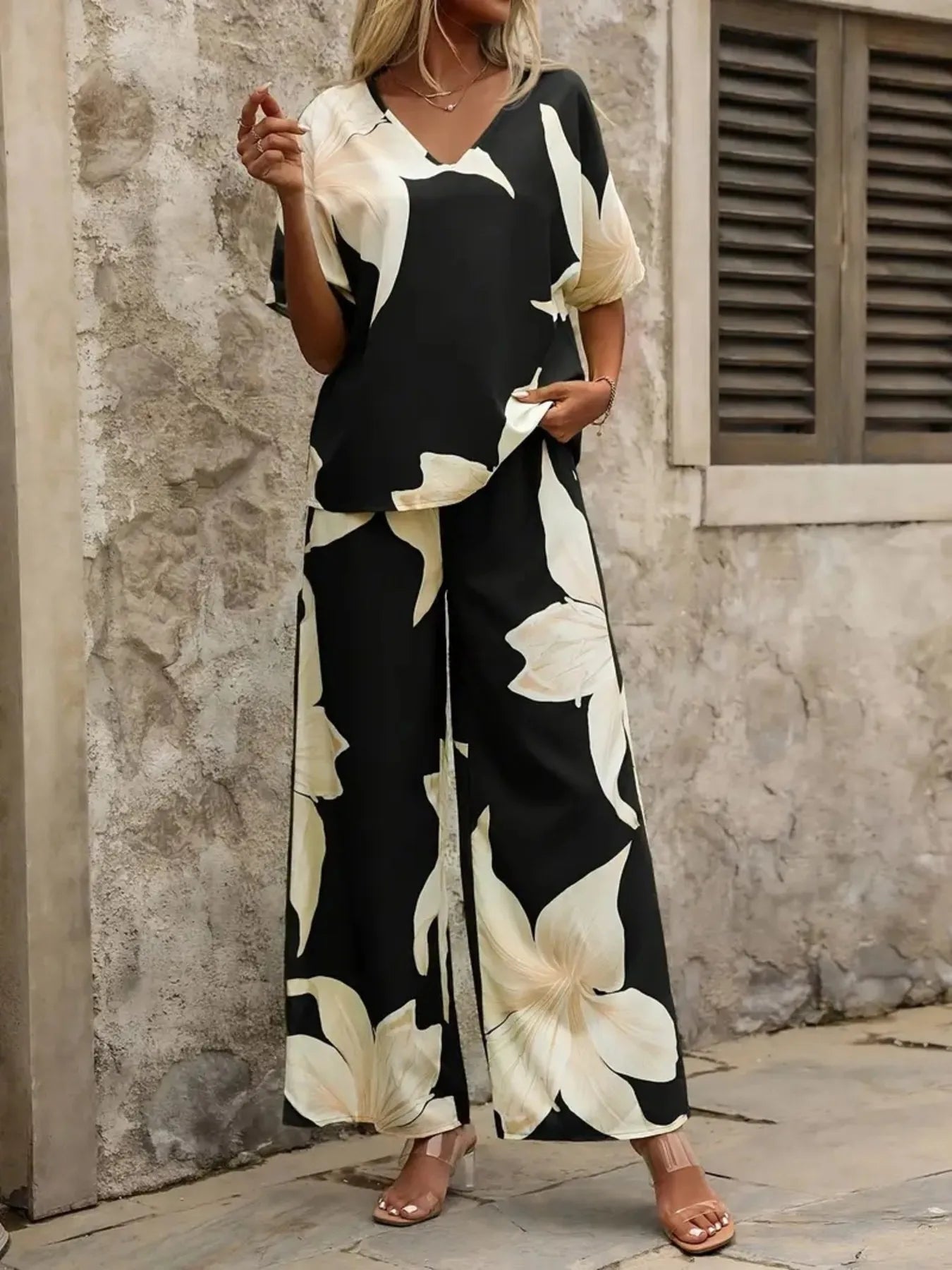 Printed V - Neck Top and Pants Set - Flip Flop Dynasty