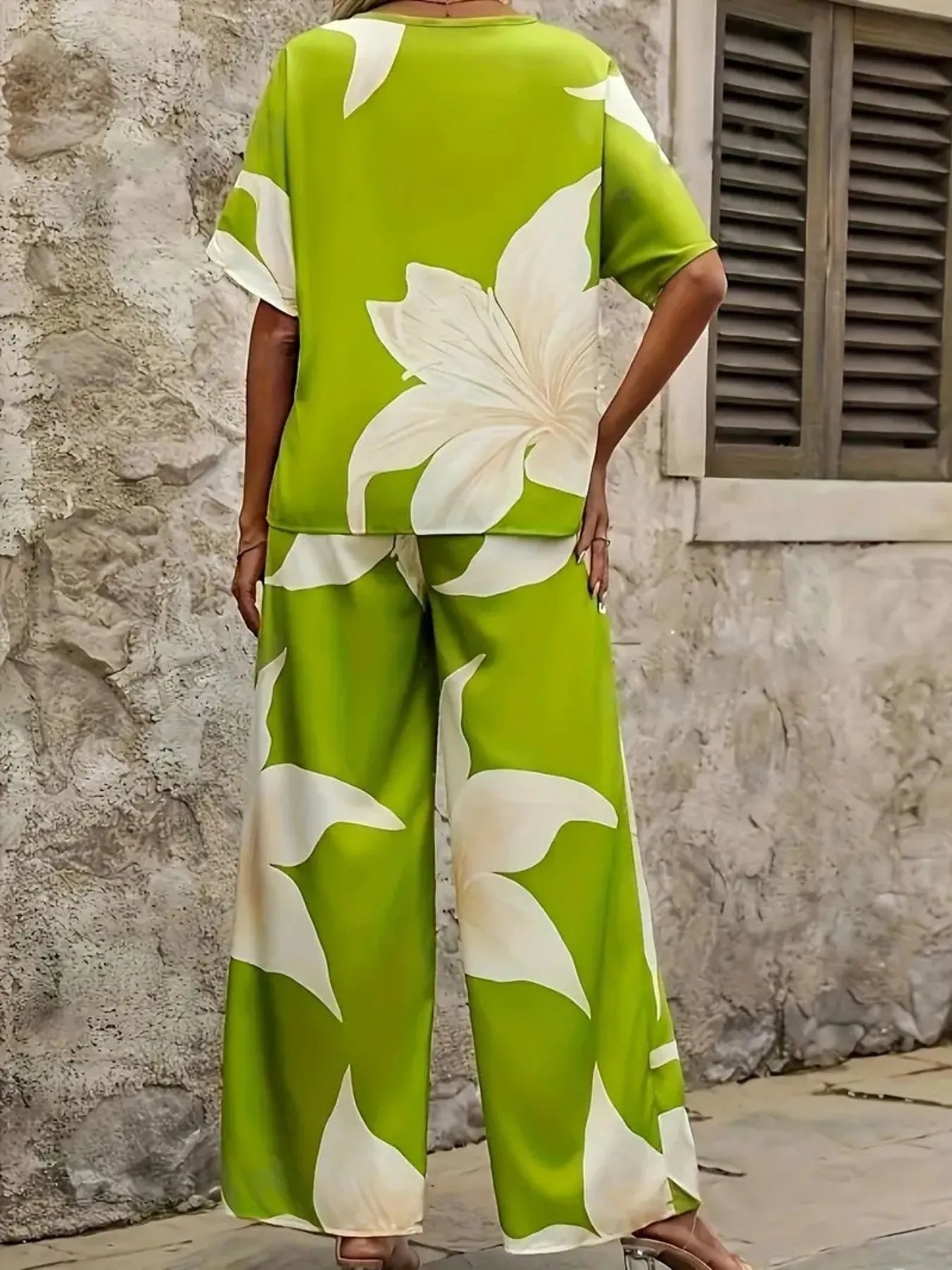 Printed V - Neck Top and Pants Set - Flip Flop Dynasty