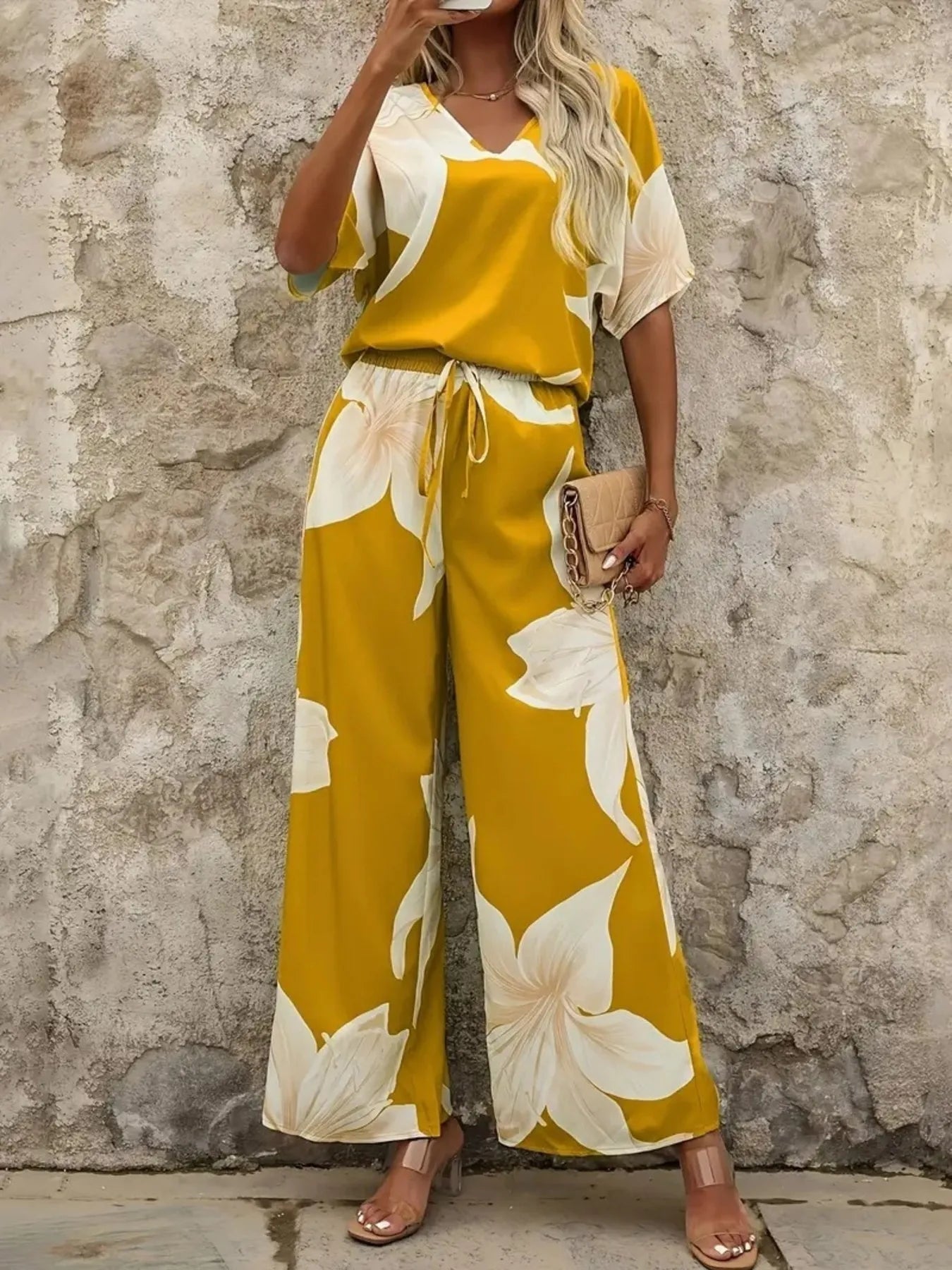 Printed V - Neck Top and Pants Set - Flip Flop Dynasty