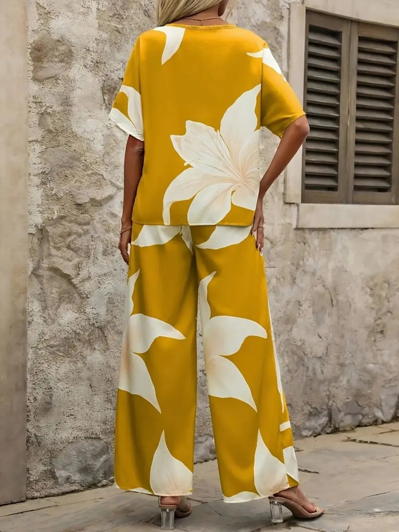 Printed V - Neck Top and Pants Set - Flip Flop Dynasty