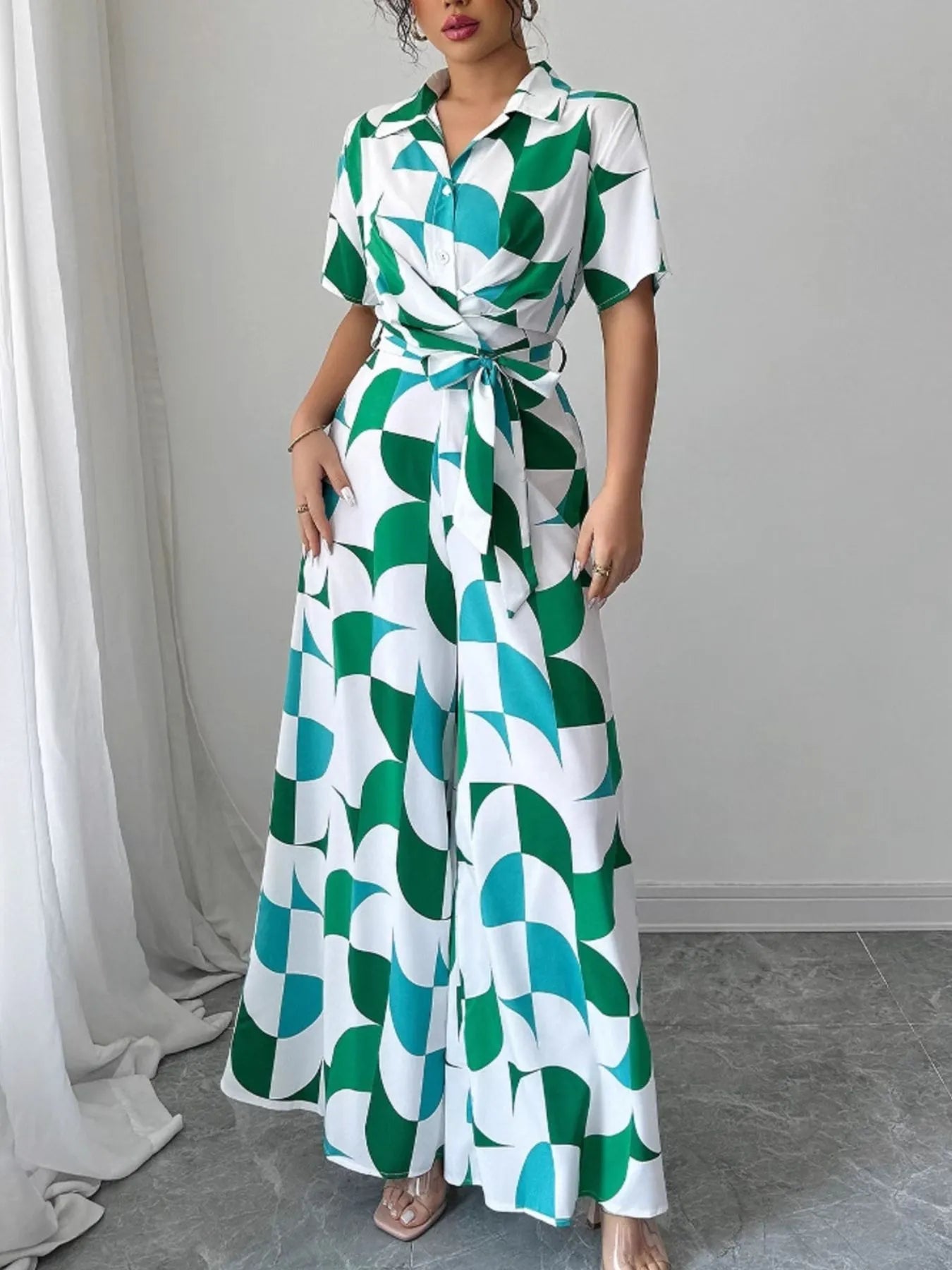 Printed Wide Leg Belted Jumpsuit - Flip Flop Dynasty