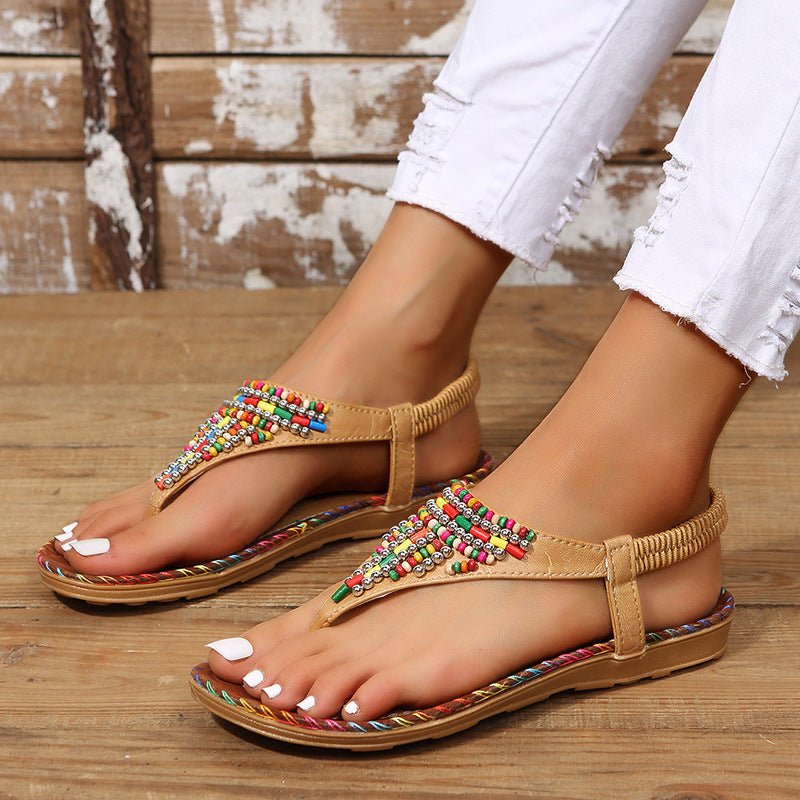 PU Leather Beaded Flat Sandals - Flip Flop Dynasty