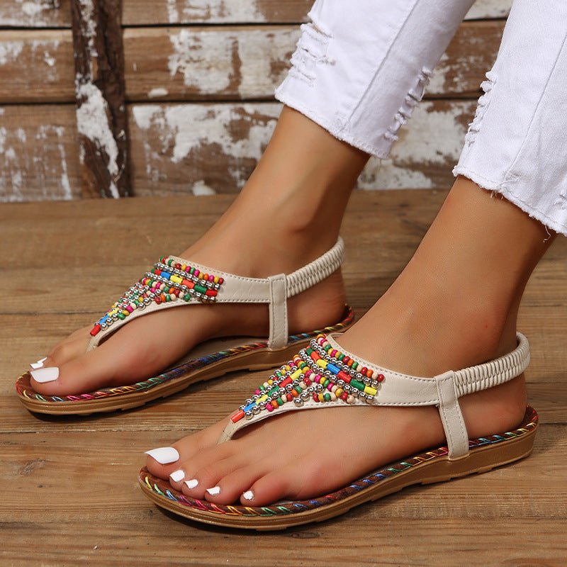 PU Leather Beaded Flat Sandals - Flip Flop Dynasty