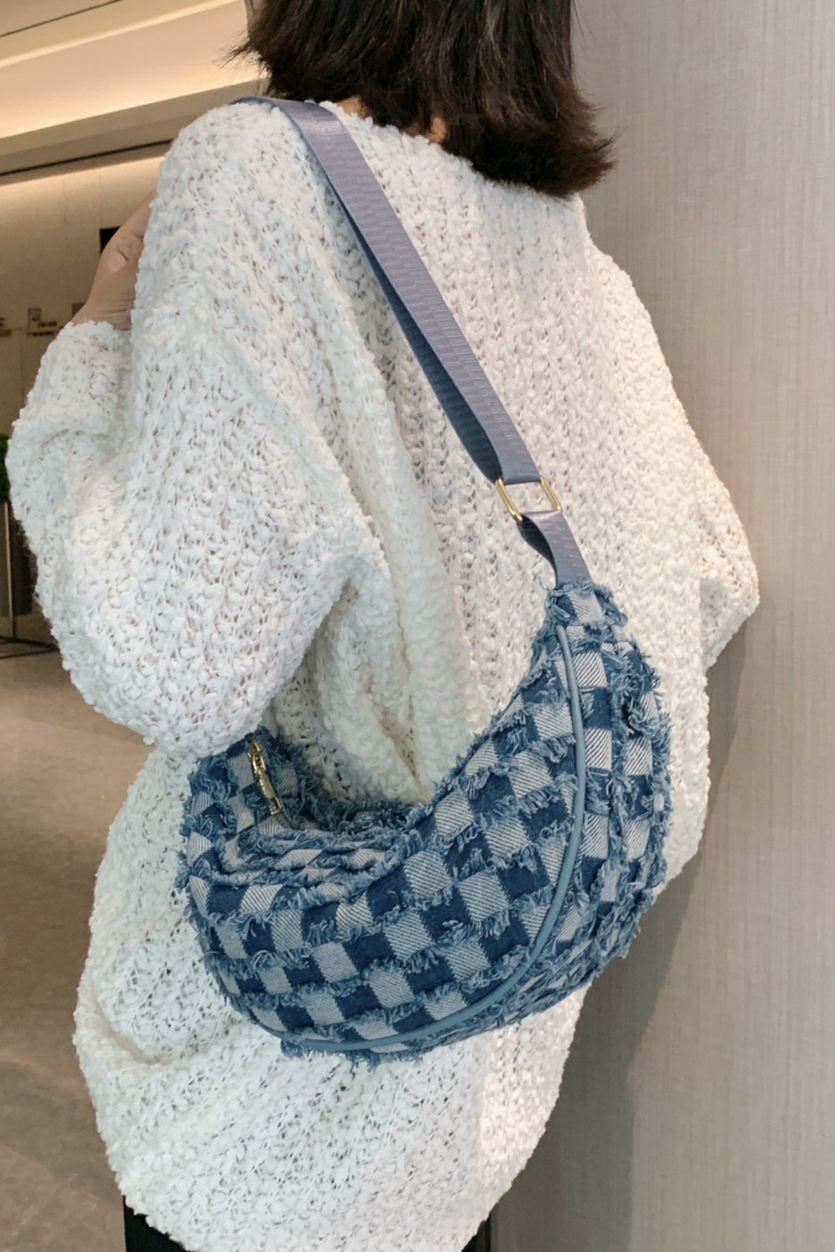 Raw Hem Checkered Denim Crossbody Bag - Flip Flop Dynasty