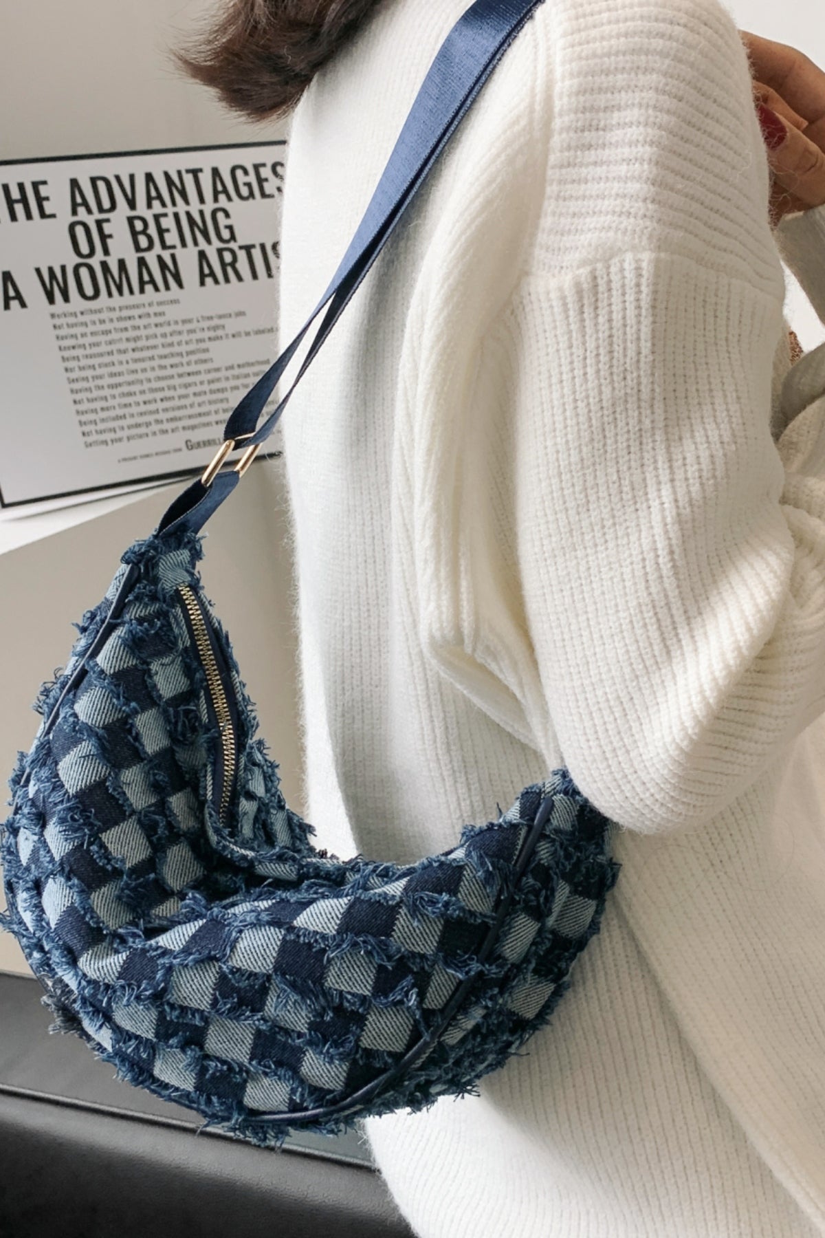 Raw Hem Checkered Denim Crossbody Bag - Flip Flop Dynasty