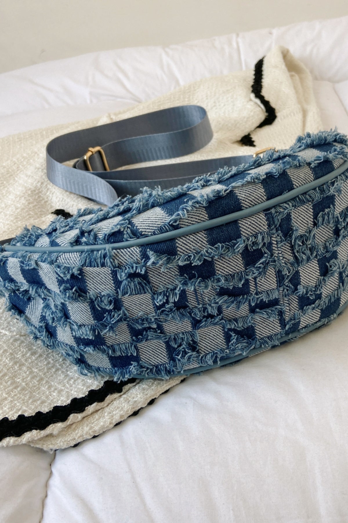 Raw Hem Checkered Denim Crossbody Bag - Flip Flop Dynasty