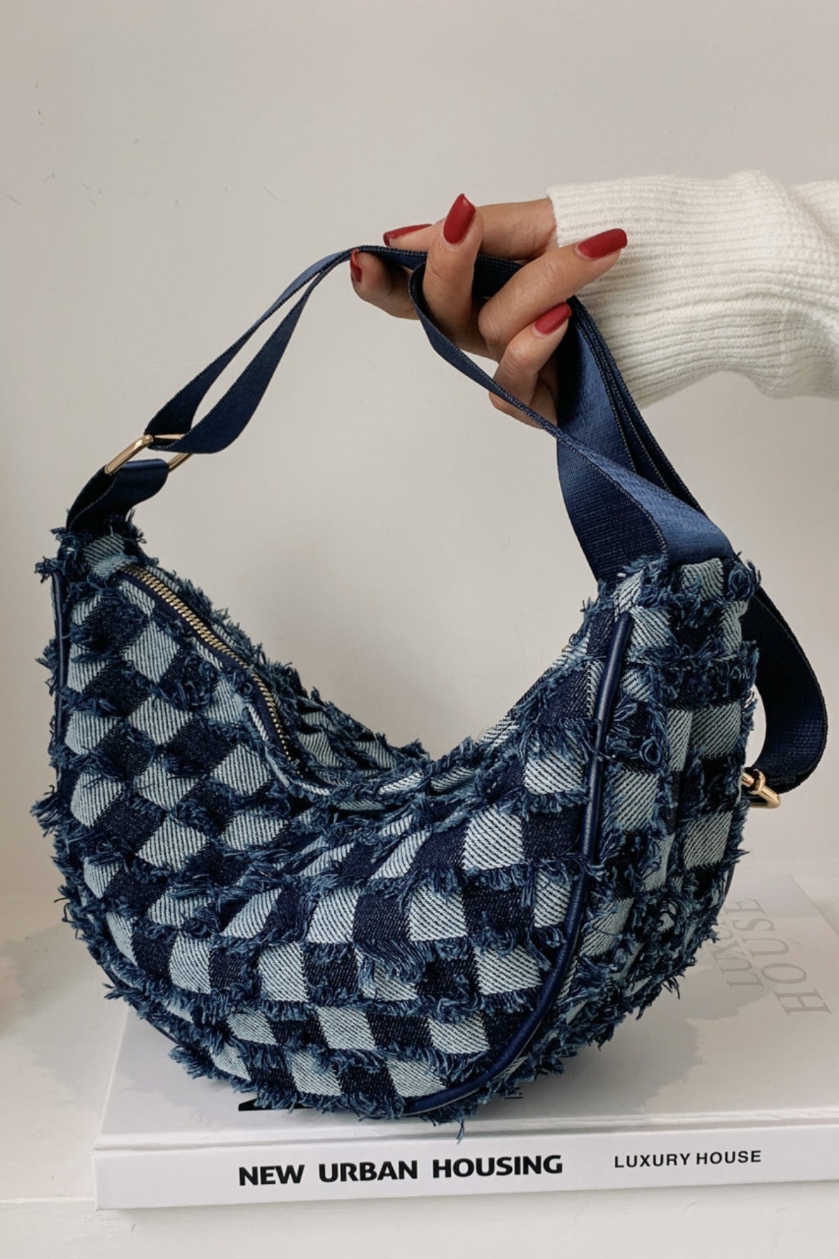 Raw Hem Checkered Denim Crossbody Bag - Flip Flop Dynasty