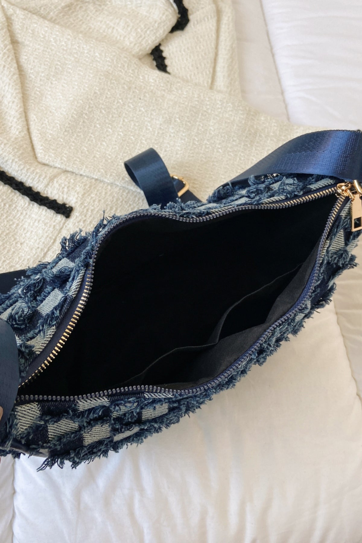 Raw Hem Checkered Denim Crossbody Bag - Flip Flop Dynasty