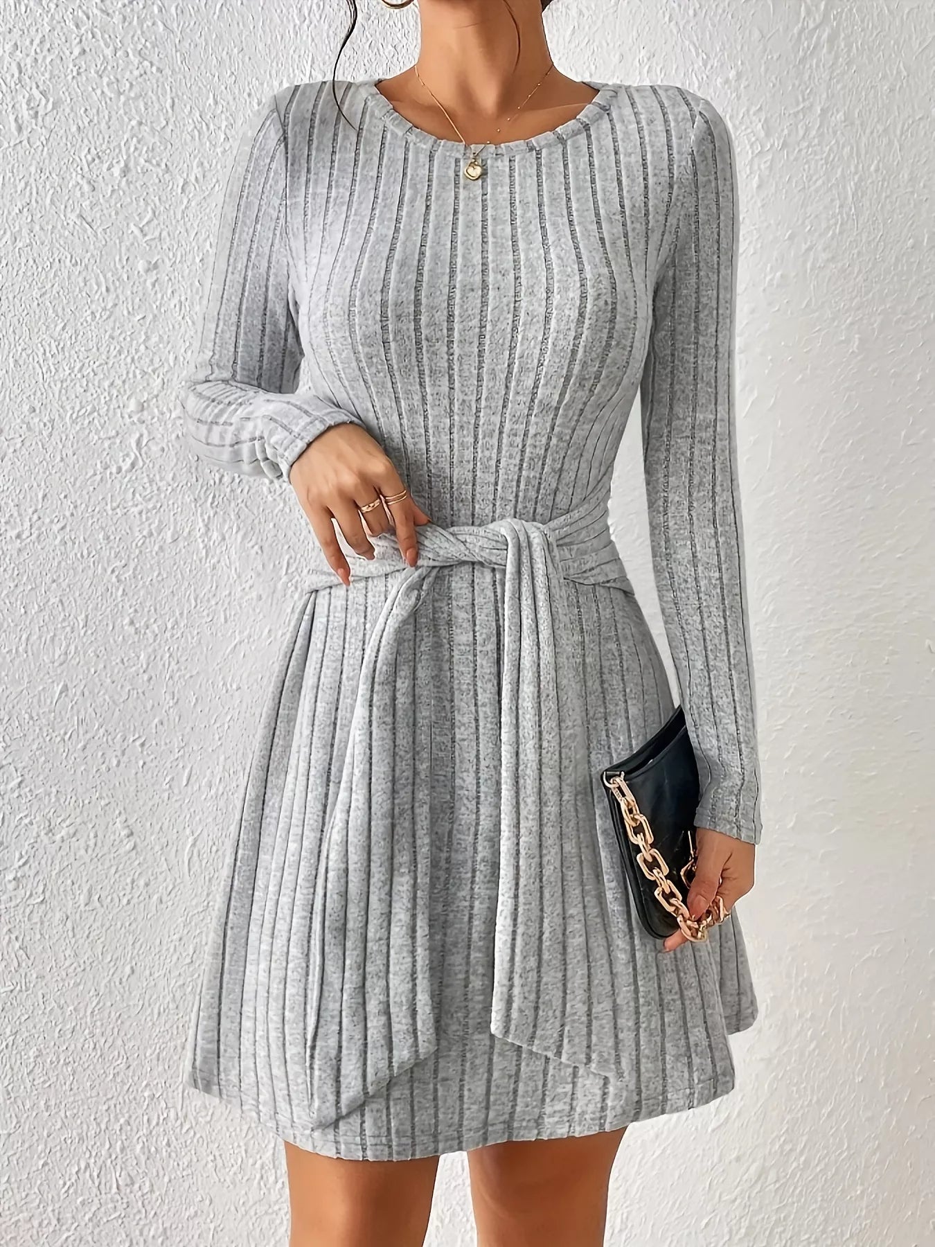 Ribbed Knit Tie Waist Long Sleeve Casual Dress - Flip Flop Dynasty