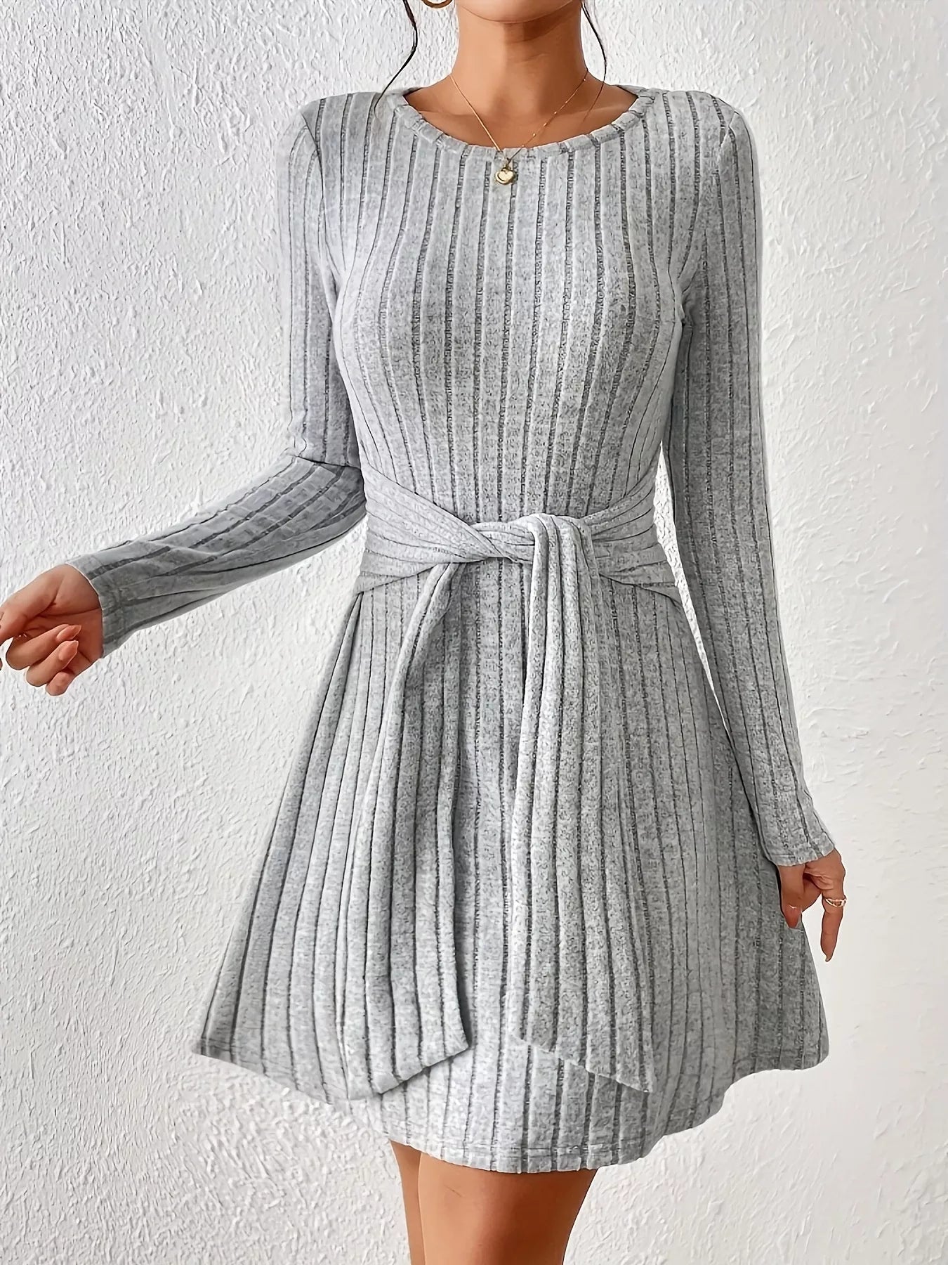 Ribbed Knit Tie Waist Long Sleeve Casual Dress - Flip Flop Dynasty