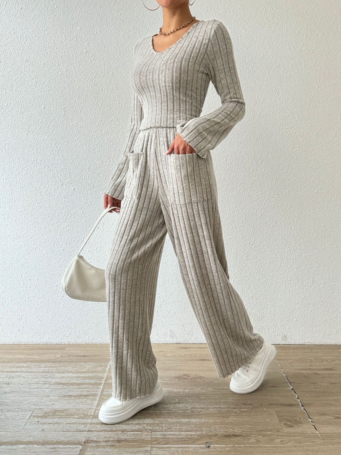 Ribbed V - Neck Long Sleeve Top and Pocketed Pants Set - Flip Flop Dynasty