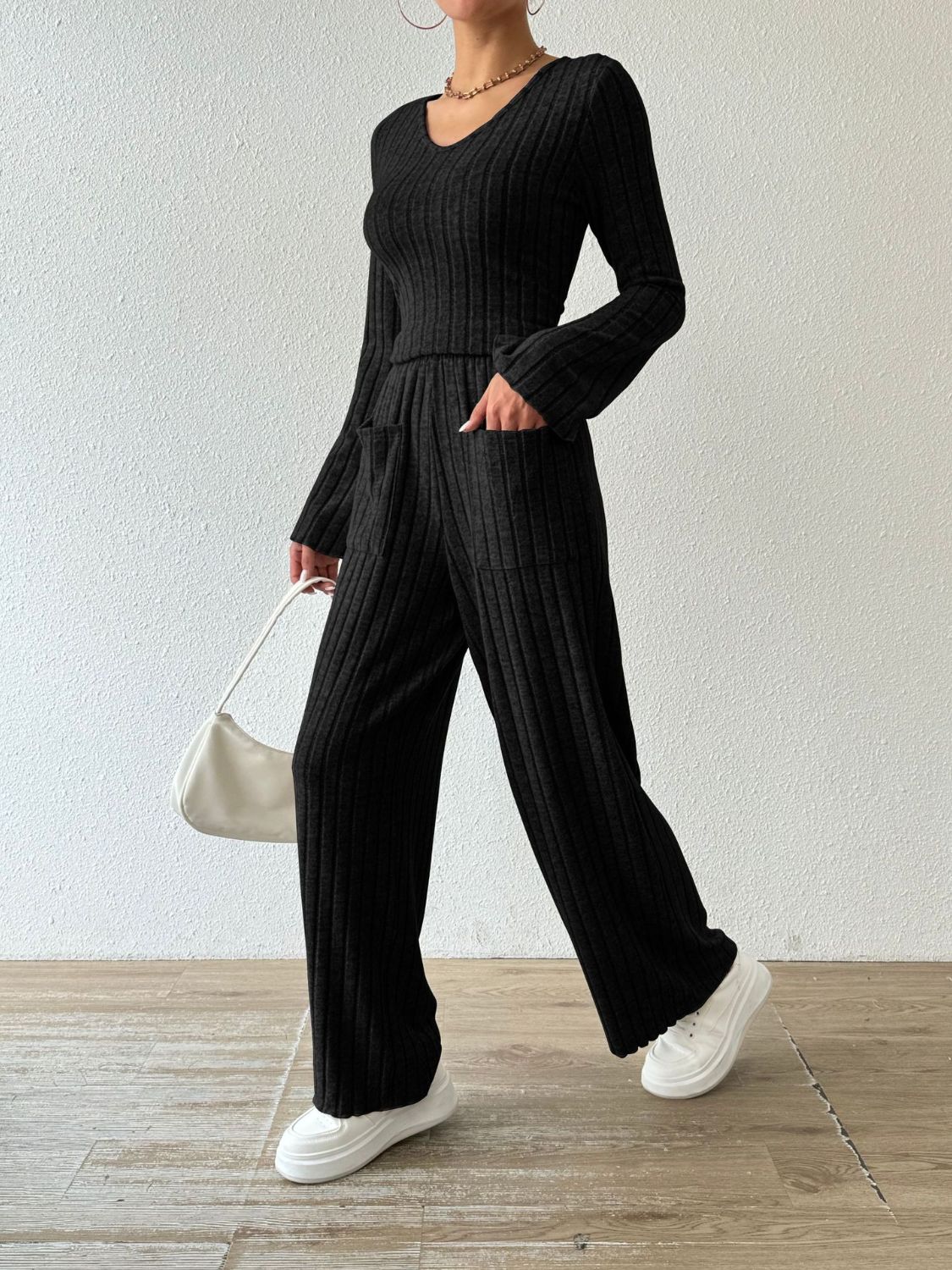 Ribbed V - Neck Long Sleeve Top and Pocketed Pants Set - Flip Flop Dynasty