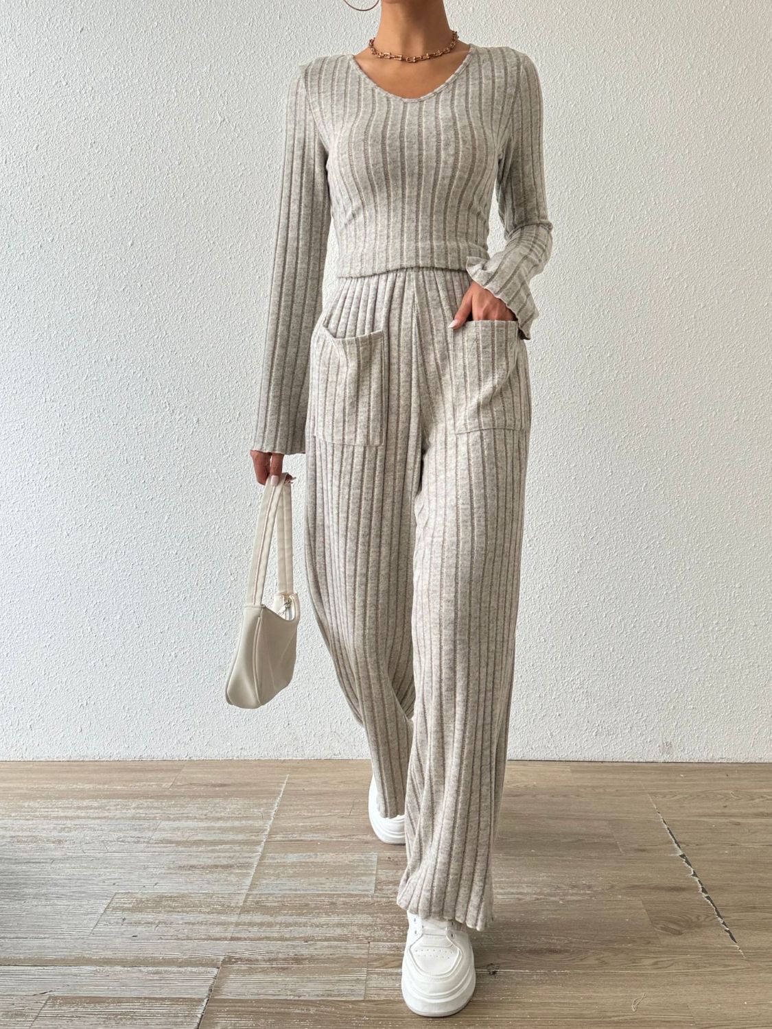 Ribbed V - Neck Long Sleeve Top and Pocketed Pants Set - Flip Flop Dynasty