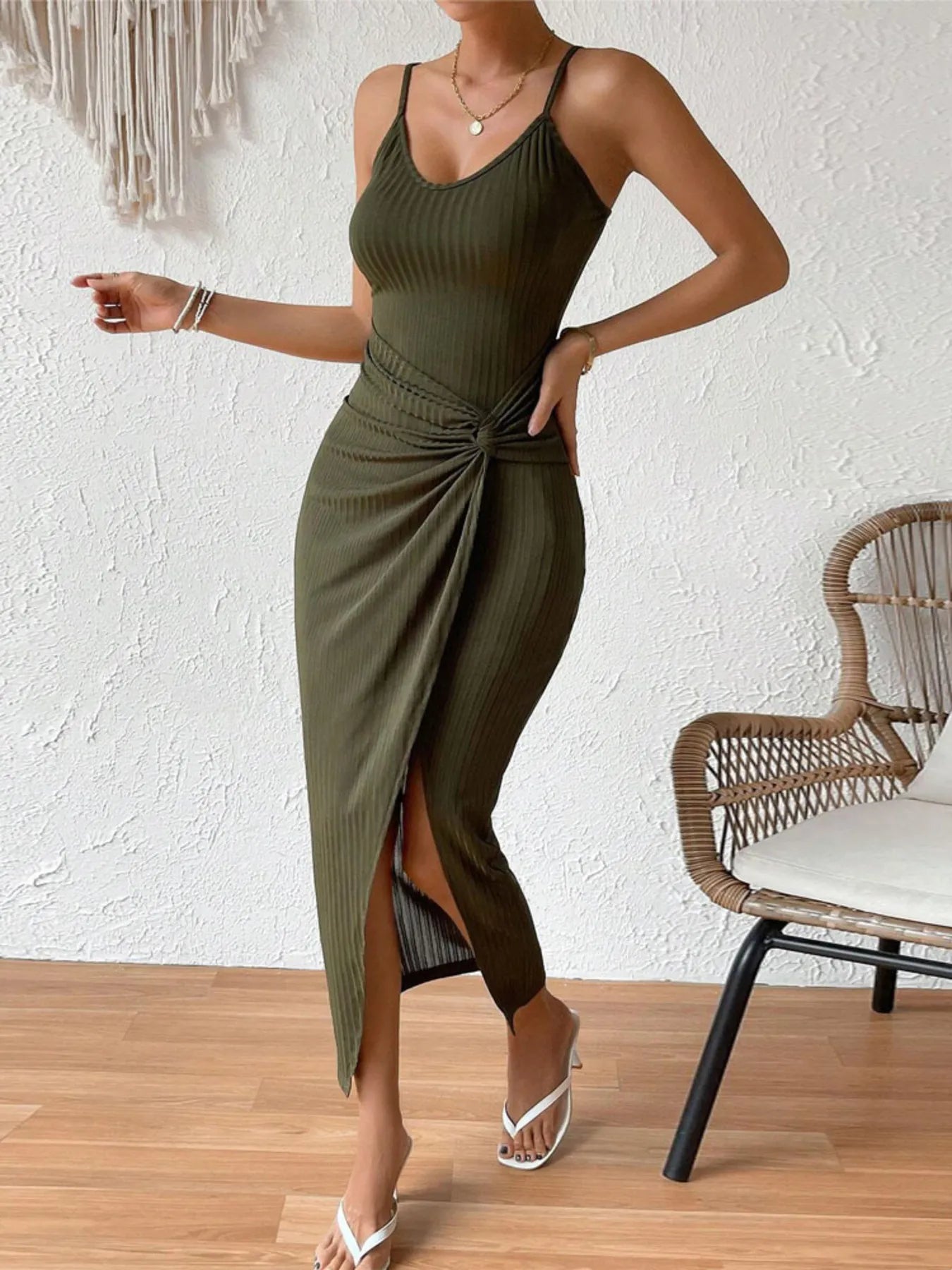 Ribbed Wrap Midi Dress with Side Slit - Flip Flop Dynasty