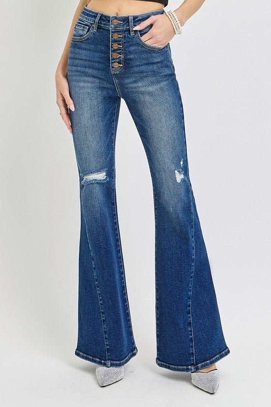 RISEN Distressed Button - Fly Flare Jeans - Flip Flop Dynasty