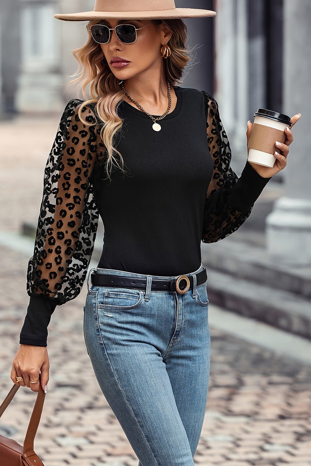 Round Neck Lantern Sleeve Blouse - Flip Flop Dynasty