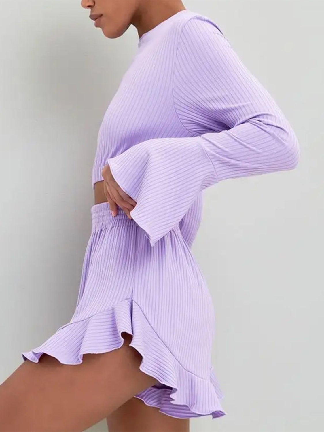 Round Neck Long Sleeve Top and Ruffled Shorts Set - Flip Flop Dynasty