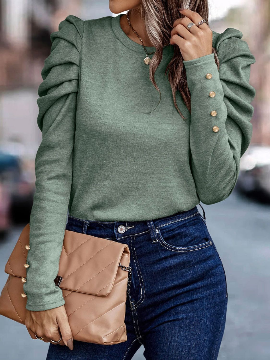 Round Neck Puff Sleeve Sleeve Blouse - Flip Flop Dynasty