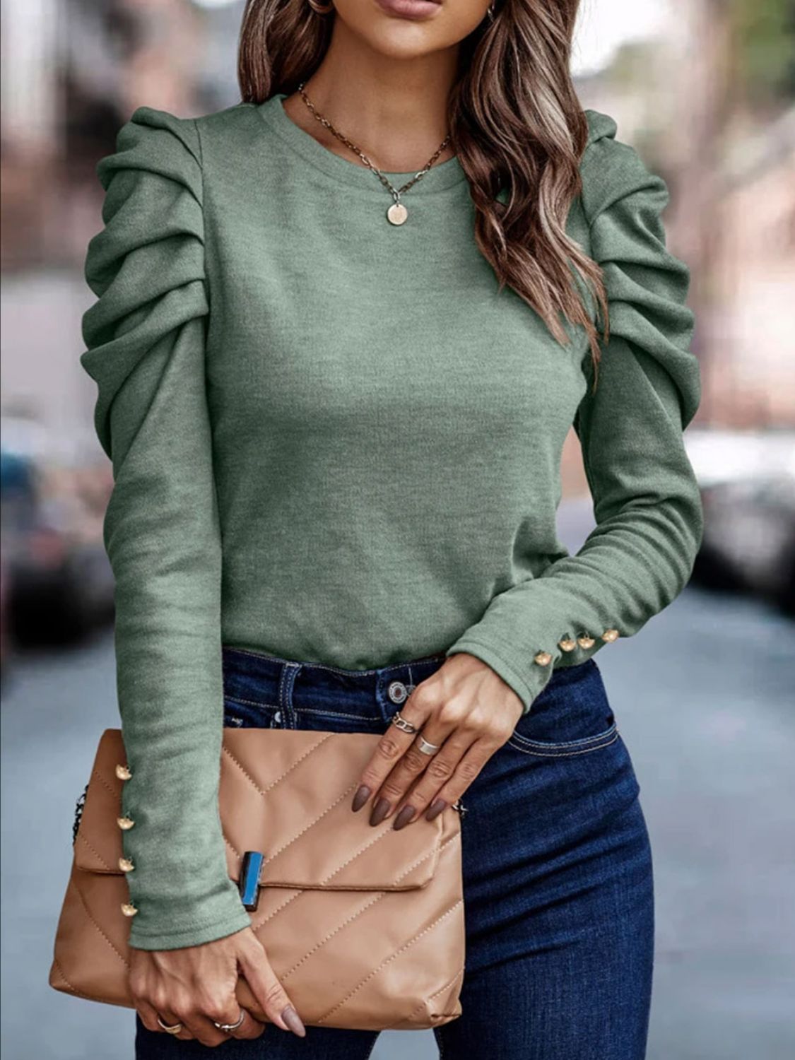 Round Neck Puff Sleeve Sleeve Blouse - Flip Flop Dynasty